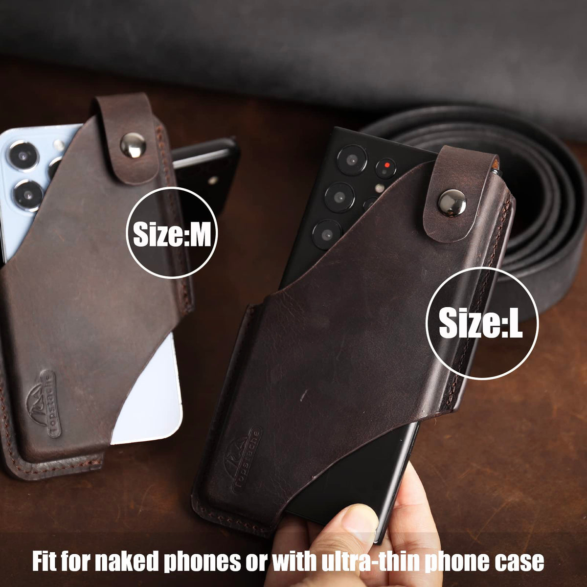 Topstache Leather Phone Holster with Belt Clip for iPhone 17/16/15 Pro Max & Plus - Magnetic Closure Cell Phone Case for Galaxy S25/S24 Ultra - Leather Belt Holder Loop Case, L,Darkbrown