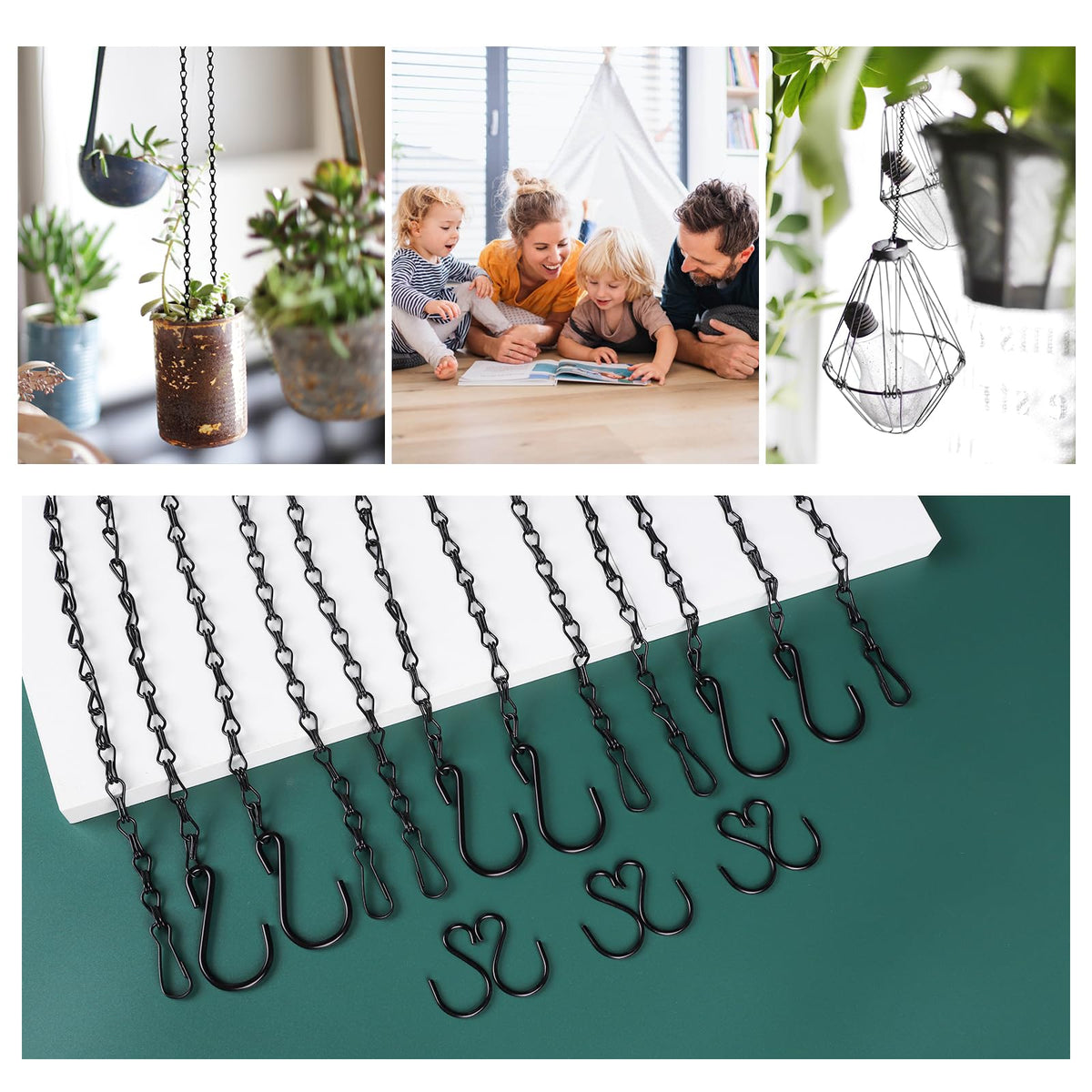 Urkupoo 6PCS Hanging Chains with S Hooks, 24.2IN Long Chains with Clips, Adjustable Black Metal Chains Hanger for Plant, Sign, Bird Feeder, Wind Chime