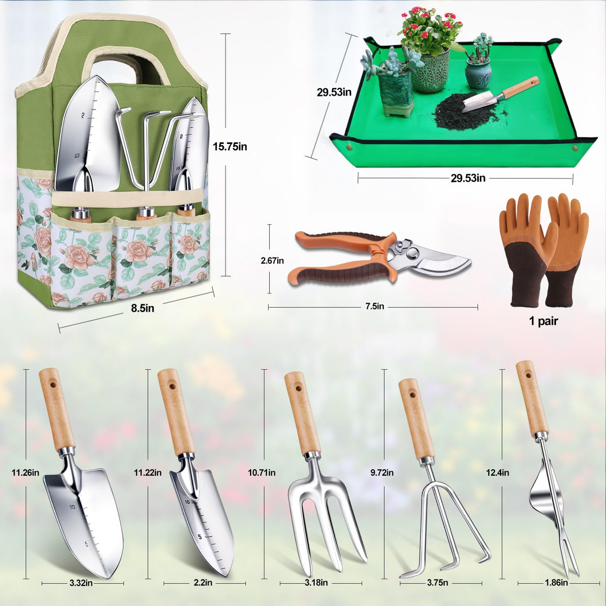 Kynup Gardening Tools, Garden Tools Set-9 Piece Gardening Gift for Women, Gardening Kit Ideal Hand Gardening Spades, Thickened Stainless Steel, Rust-Proof, Garden Supplies, Essentials, Garden Stuff