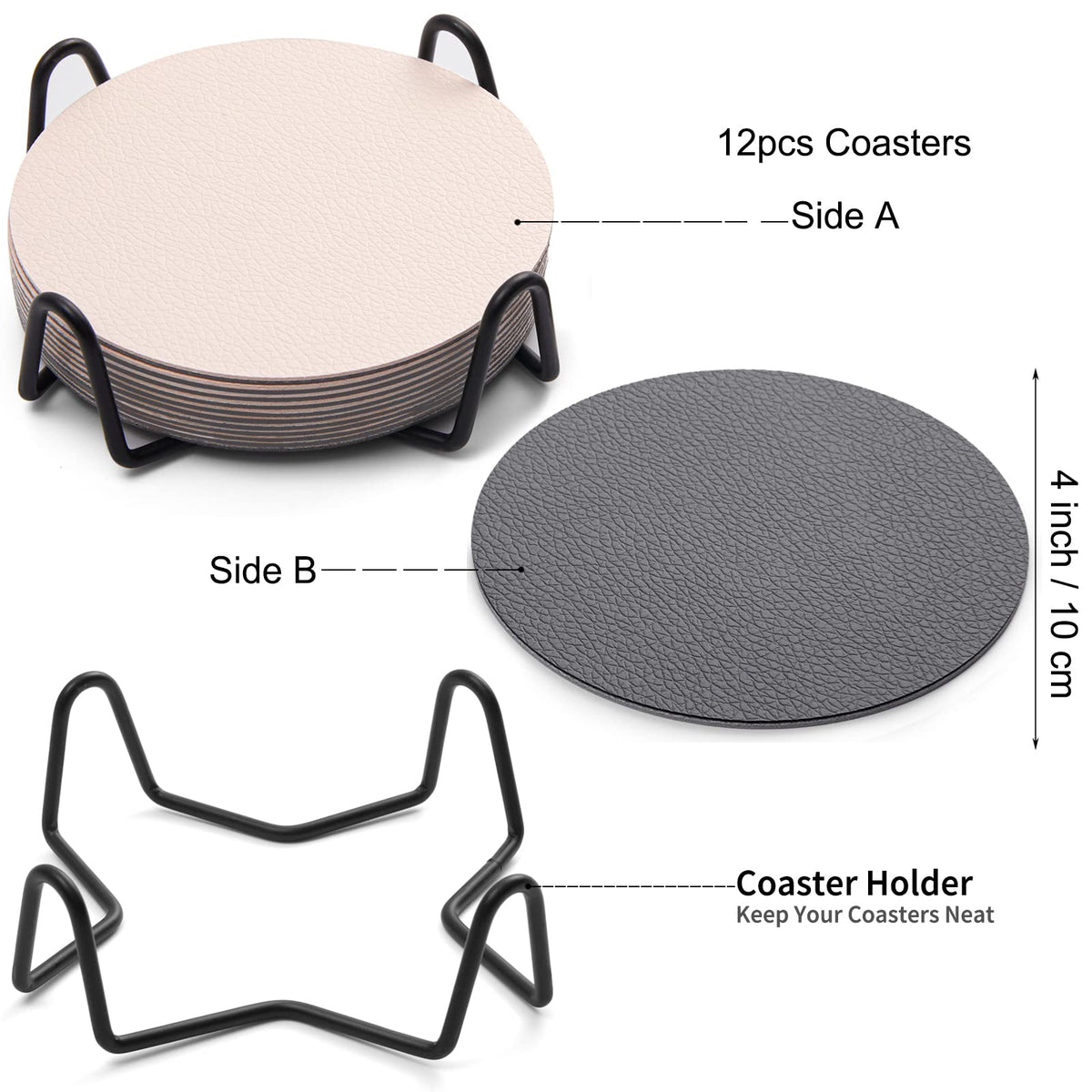 Chitomars Faux Leather Coasters with Holder, Dual Sided Sets of 12, Non-Slip Washable Coasters for Coffee Tabletop Protection (Gray White)
