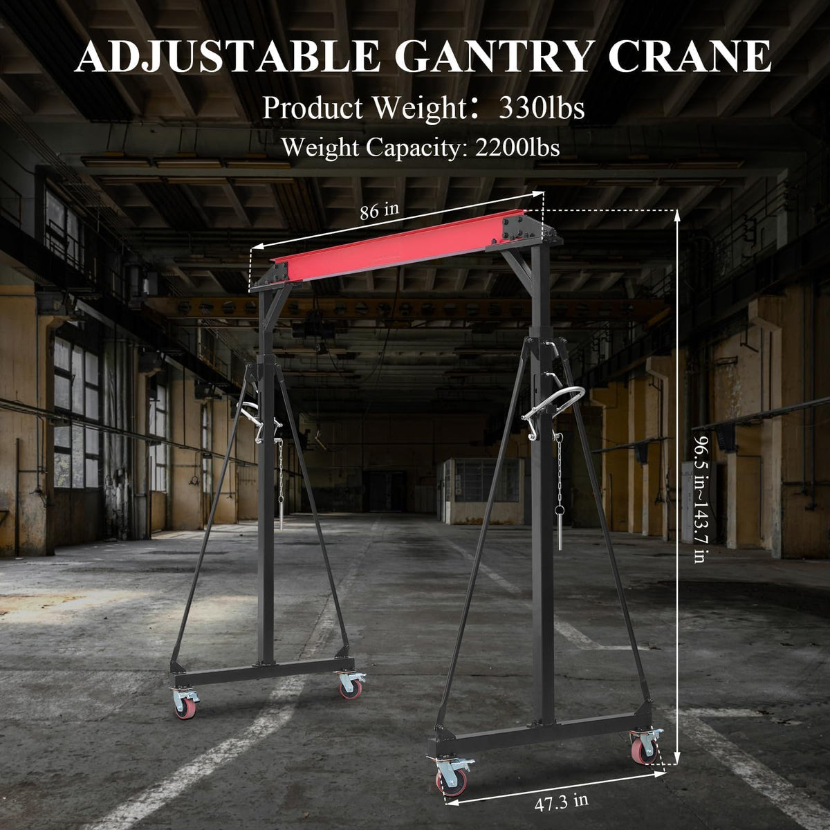 1 Ton Gantry Crane Compatible with Chain Hoist, 8-12 FT Adjustable Height 2200 LBS Shop Crane with Locking Casters, Shop Lift Hoist for Garage, Workshop, Warehouse