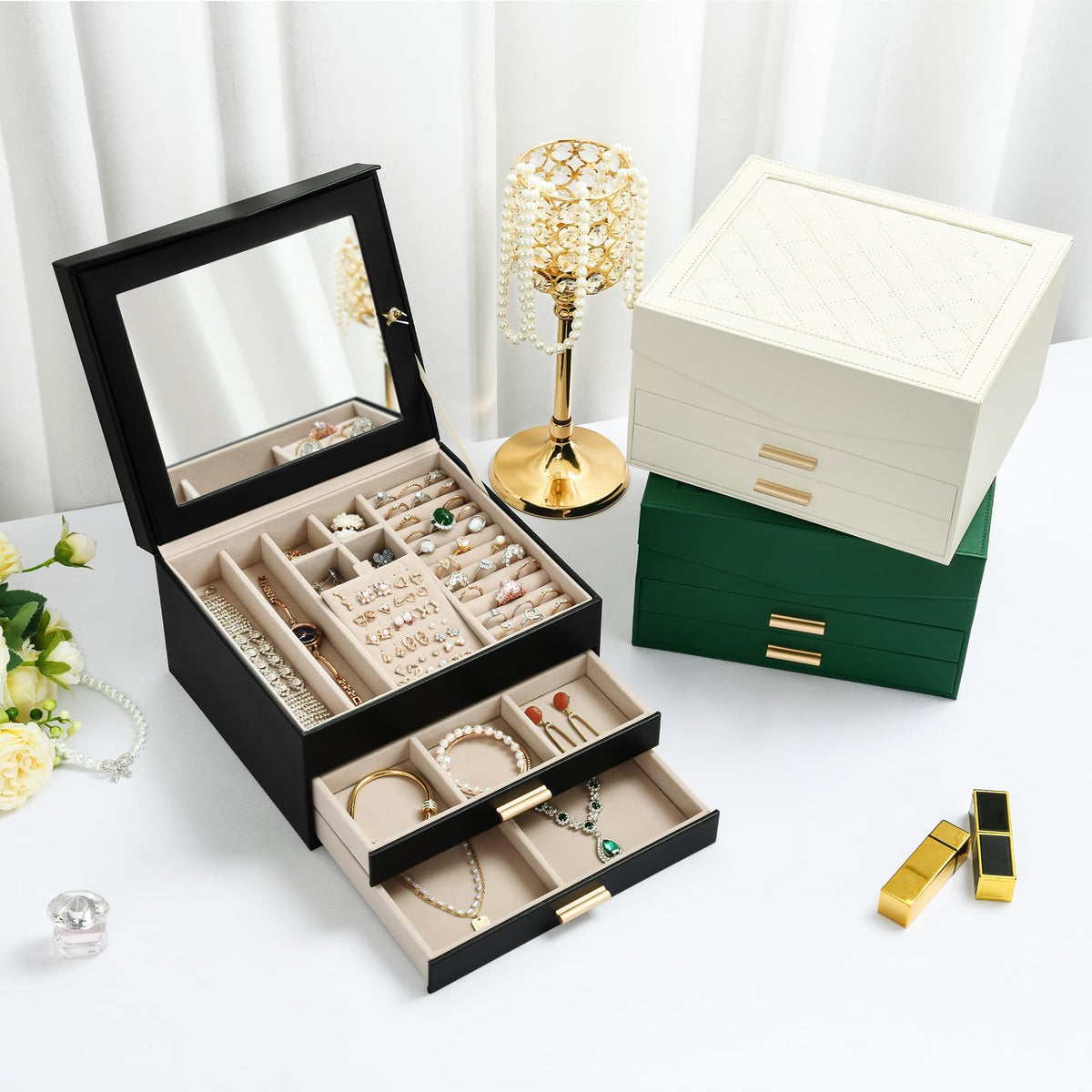 Amearea Jewelry Box Organizer for Women Girls with Mirror, 3-Layer Large Jewelry Storage Case, Synthetic Leather Jewelry Holder Organizer with Removable Tray for Necklaces Earrings Rings, Green