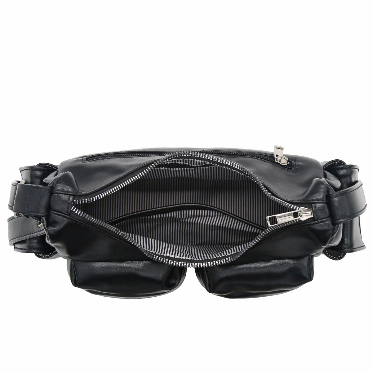 FashionPuzzle Glossy PU Leather Multi Pocket Shoulder Bag Hobo (Black)