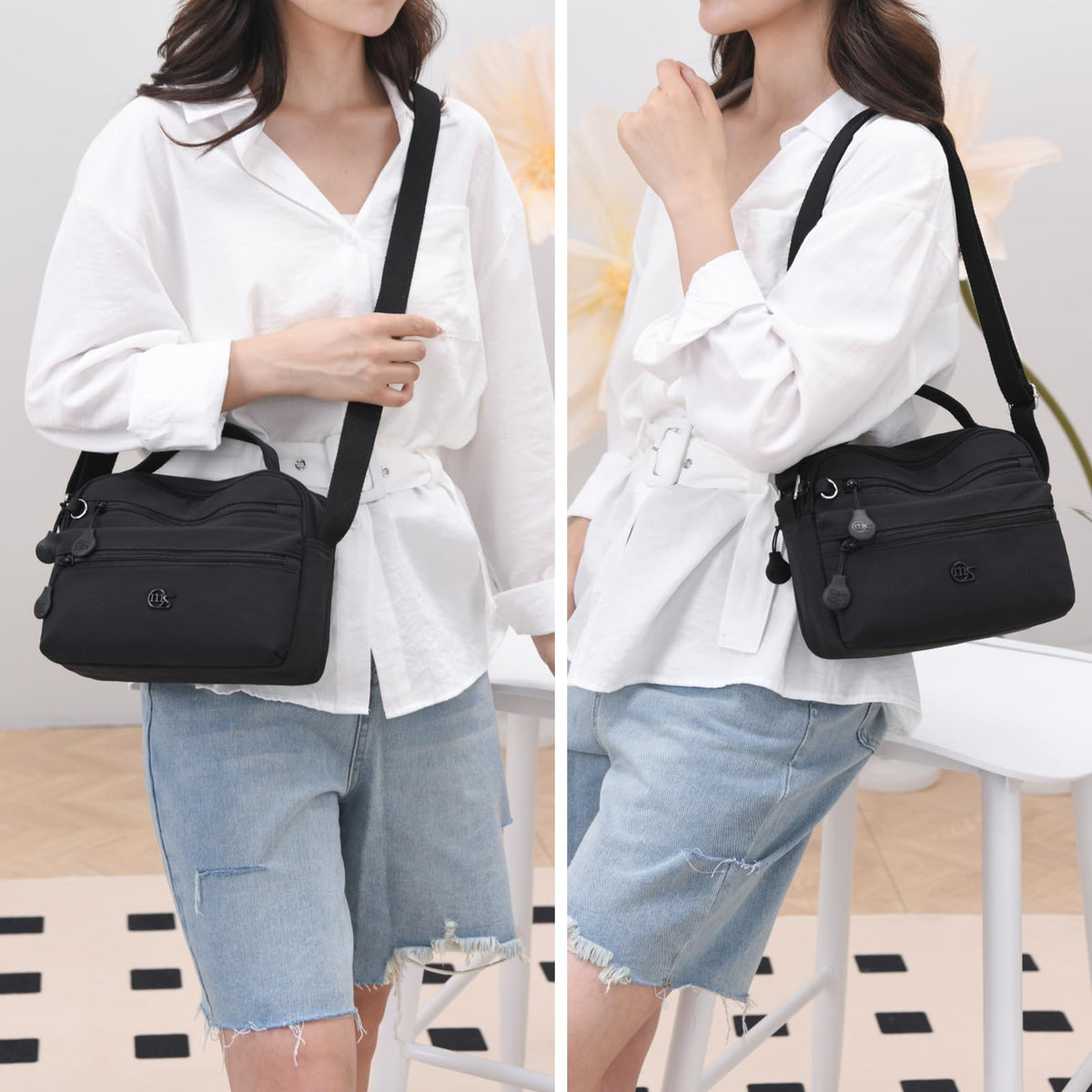 Eslcorrri Women Crossbody Bag Small Nylon Shoulder Purse Casual Neutral Light Multi Zipper Pockets Top-Handle Hobo Handbag -Sand
