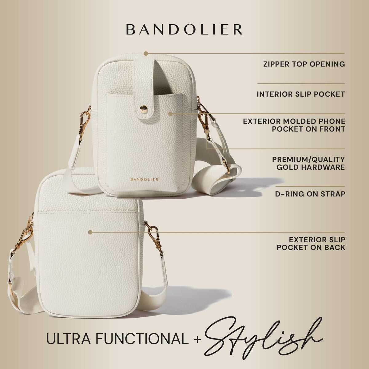Bandolier Dillon Bag Crossbody | Stylish Pebble Leather Bag | Adjustable Strap, Exterior Slip Pocket | Small Bags for Women