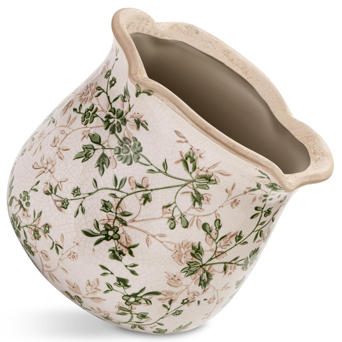 behen bahen Vintage Ceramic Planter Pot with Drainage Holes, Green Floral Design, 6.11 Inch, Distressed Tuscan Style, Indoor Plant Pot and Vase (Sage Beige)