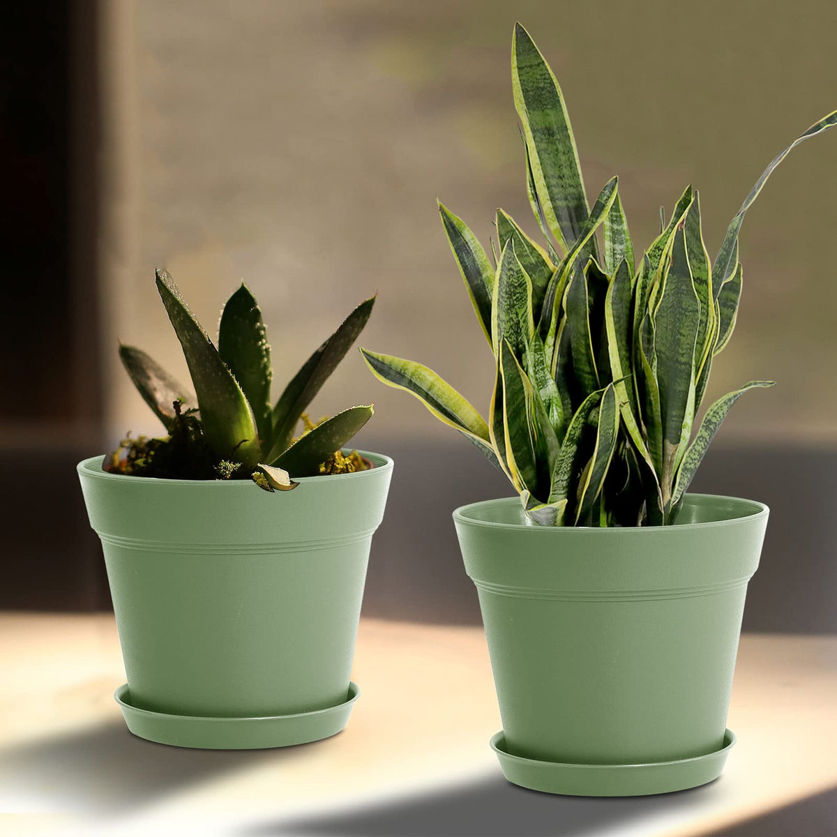 WOUSIWER 16 Pack 6 inch Plastic Planters, Plastic Indoor Planter Flower Pots, Heavy Duty and Stylish 6 Inch Plant Pots for Indoor Plants with Drainage Holes and Tray for Plants Flowers, Green