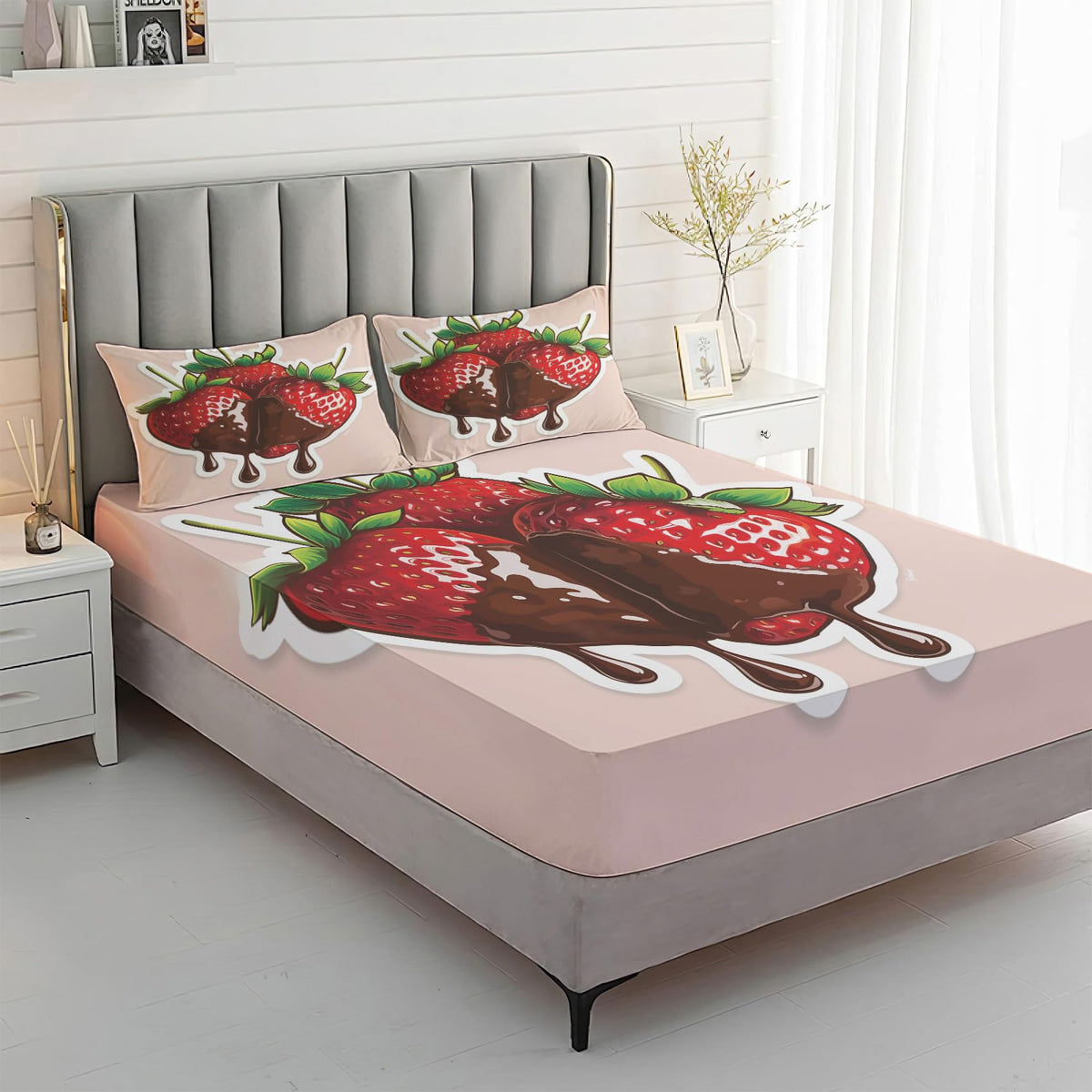 Rejkxyw King Size Sheets Set Cartoon Strawberry - Fruit Bed Sheets - Strawberries Sheet Set - 12 Inch Deep Pocket - Ultra Soft Winkle Free Microfiber Bedding Sheets & Pillowcases 4 Piece