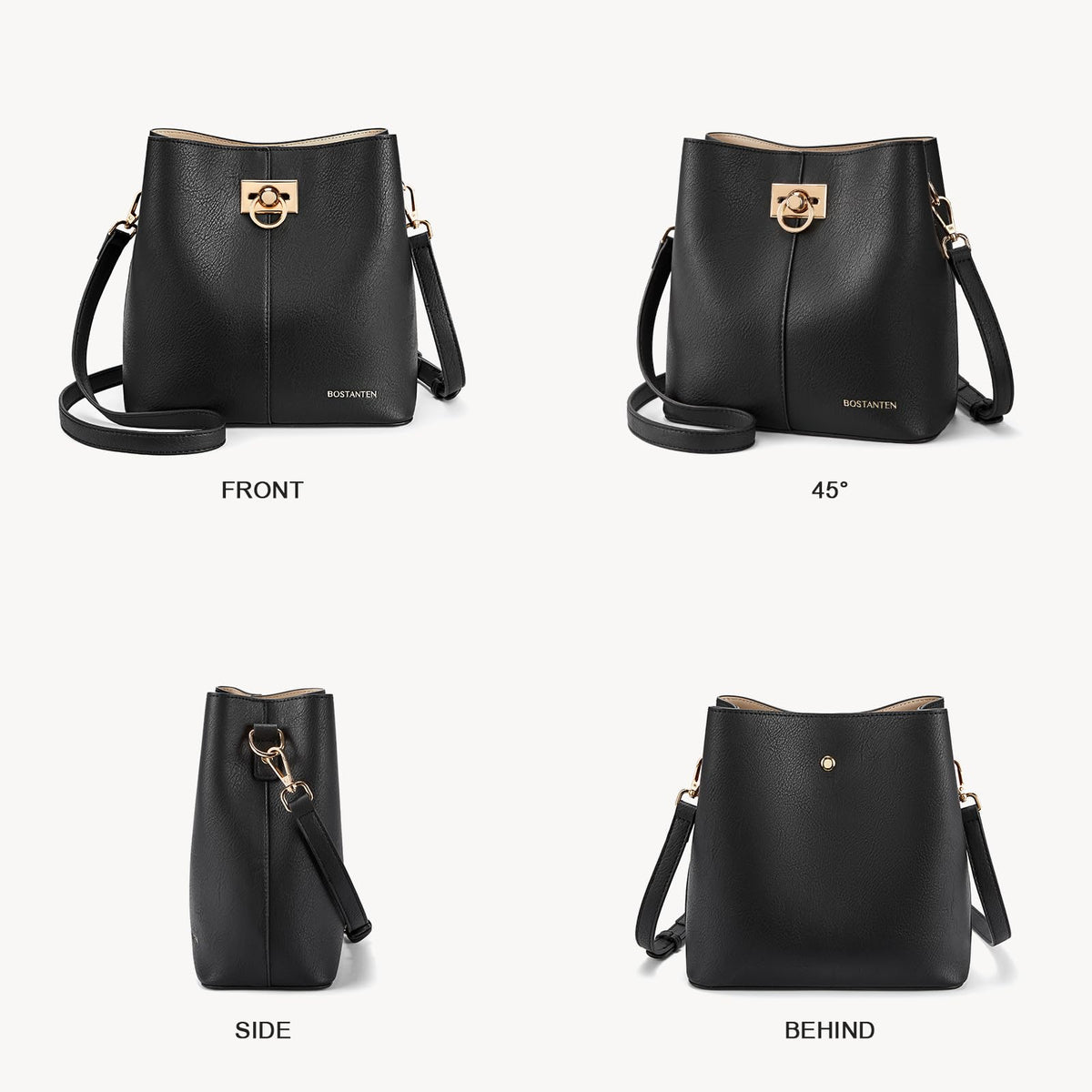BOSTANTEN Crossbody Bucket Shoulder Bags for Women Vegan Leather Purse Cross Body Handbag Multiple Pockets Black