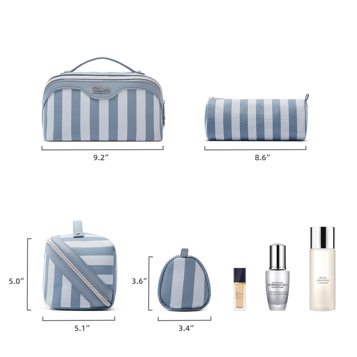 BOYATU Travel Makeup Bag Cosmetic Bag for Women: 3 Pcs Set Striped Make up Bag with Compartments - Waterproof Vegan Leather Toiletry Bags with Handle - Makeup Organizer for Travel Essentials(A-1-Blue)