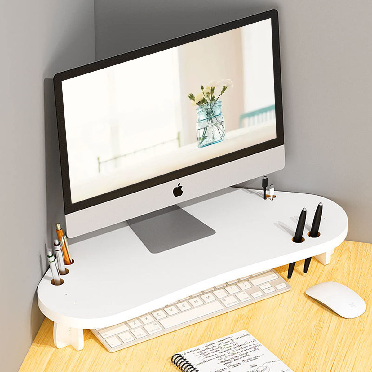 Triangle Wood Monitor Stand Riser - White Multi-Purpose Desktop Storage for Computer, Laptop, Printer