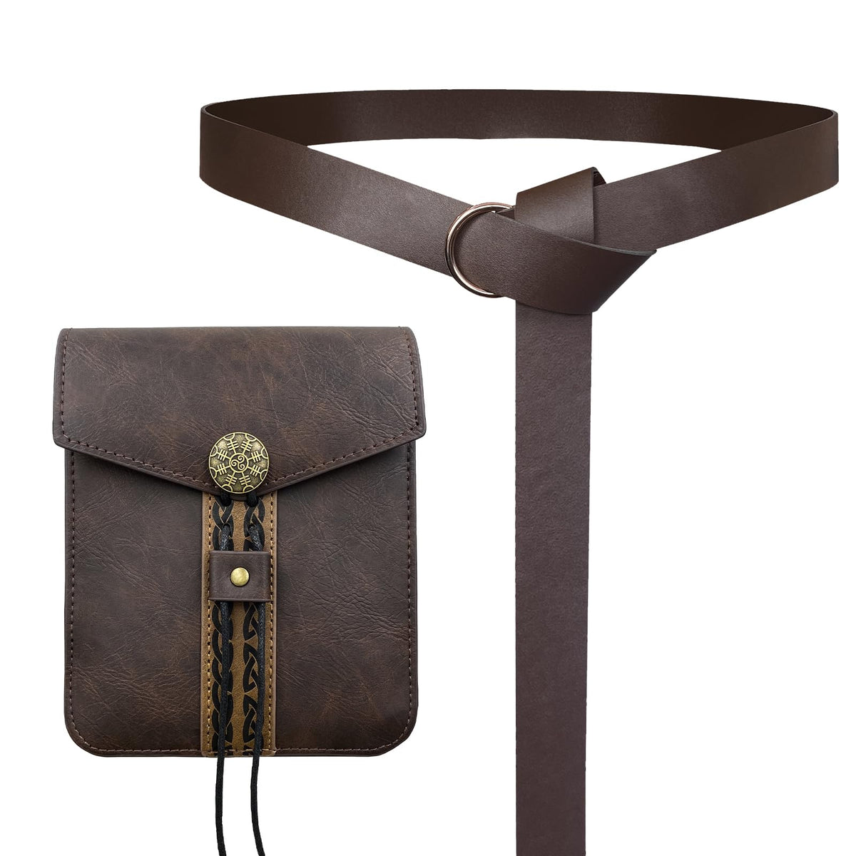 EpicCos 2 PCs Medieval Vintage belt Bag Set, Middle Ages Faux Leather Belt with Belt Pouch, Renaissance Costume Accessories (Brown A)