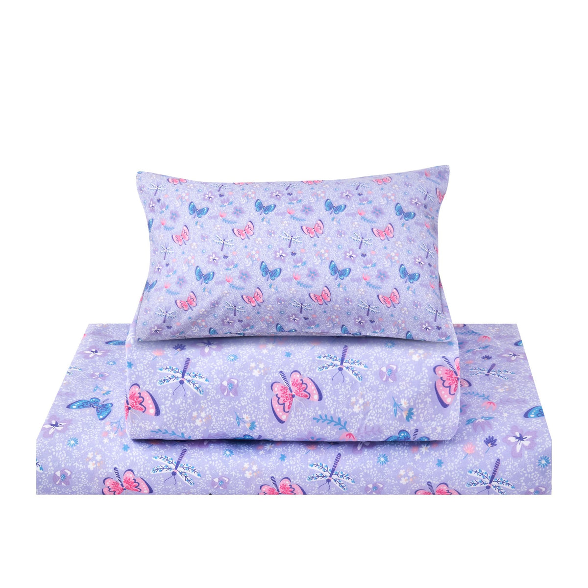 lasoftan Kids Sheet Set Twin Size 3 Pcs, Girls Sheet Set with Floral Butterfly Pattern,Kids Twin Fitted Sheet,Breathable & Silky Soft Microfiber Fitted Sheet