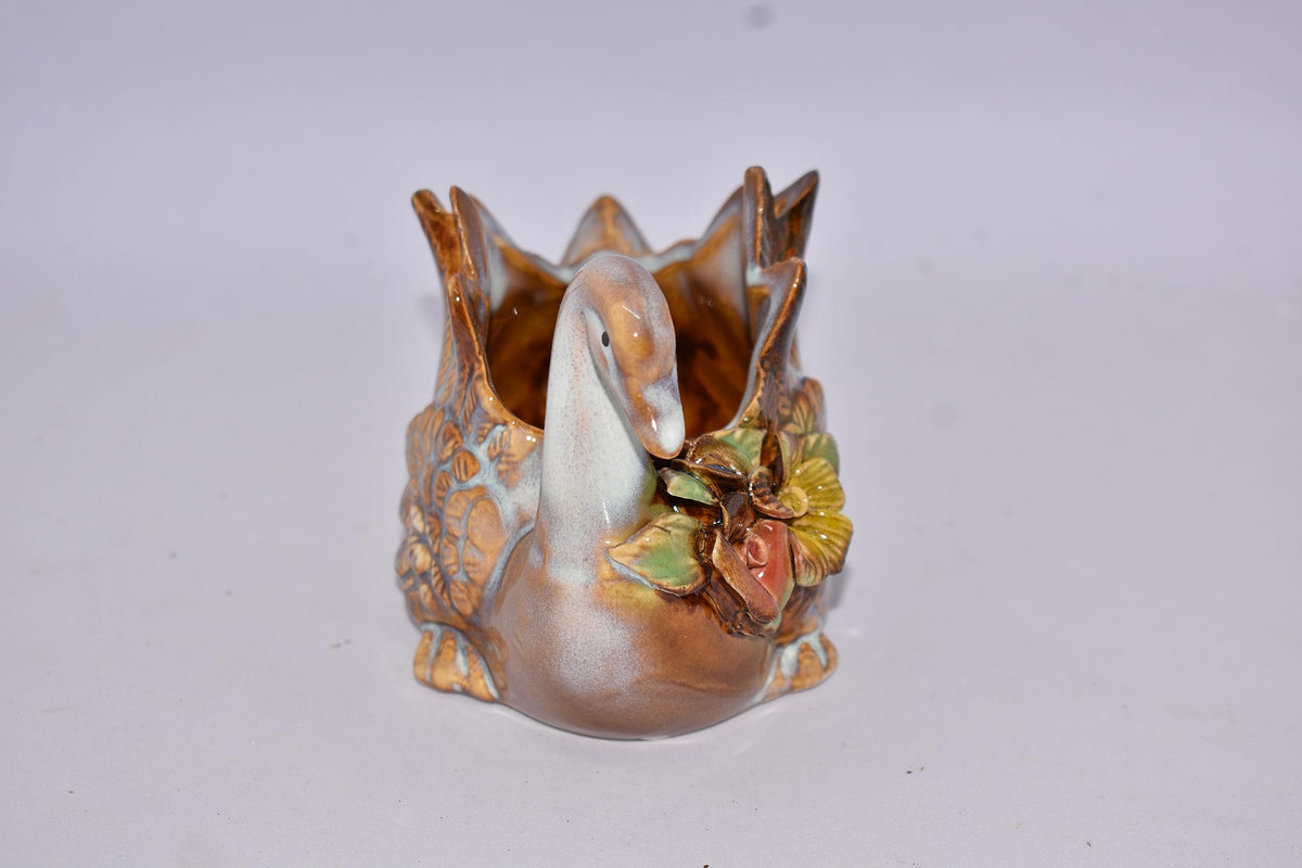New Beautiful 5" White Swan Bird with Raised Flowers and Leaves Reactive Glaze Plant, Succulent, Cactus Planter Pot,Air Plant, Bamboo