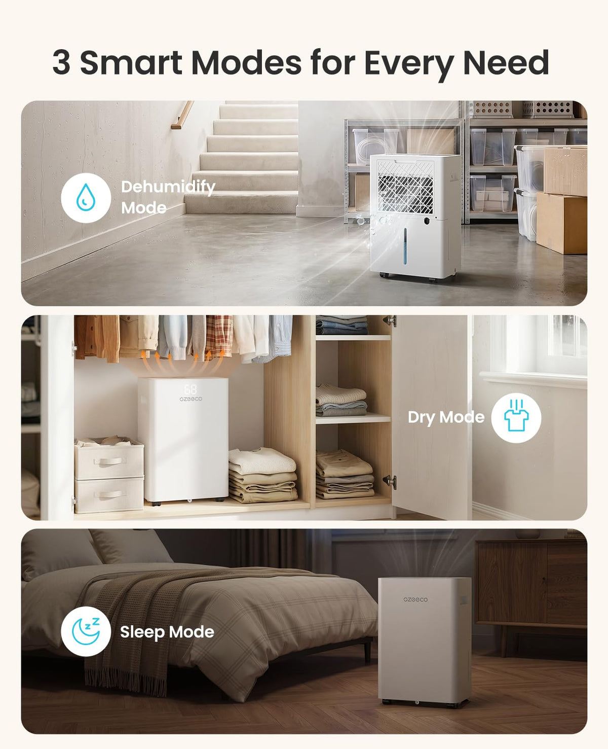 34 Pint Dehumidifier for Basement up to 2500 Sq.Ft, ozeeco Home Dehumidifier with Drain Hose, Ionizer, Humidity Control, Ultra Quiet, Child Lock, 24H Timer for Bedroom, Bathroom, RV