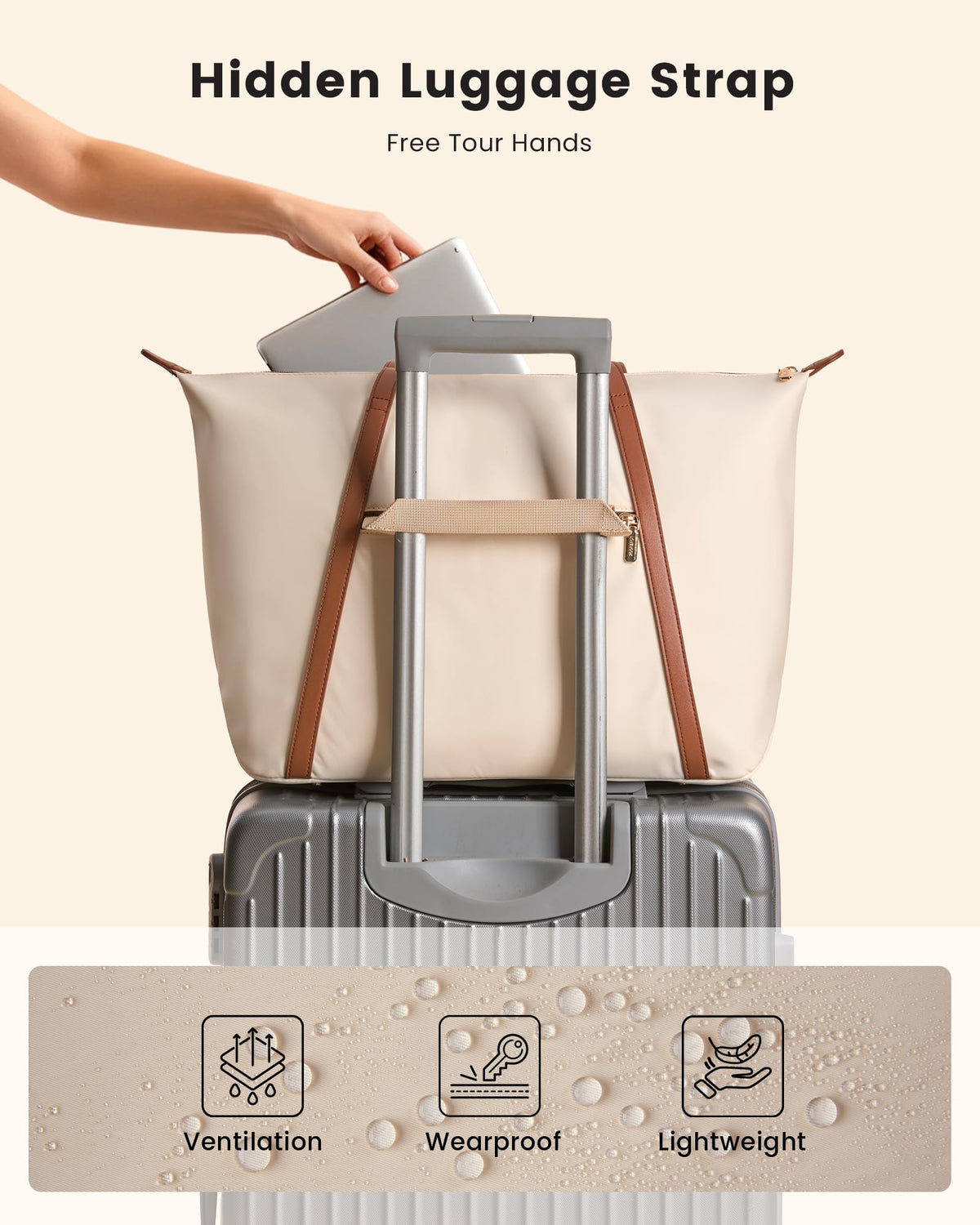 LOVEVOOK Laptop Bag for Women with Large Cup Holder, 15.6 Inch Cute Nylon Work Travel Tote Bags, Waterproof Computer Bag Shoulder Purse, Beige