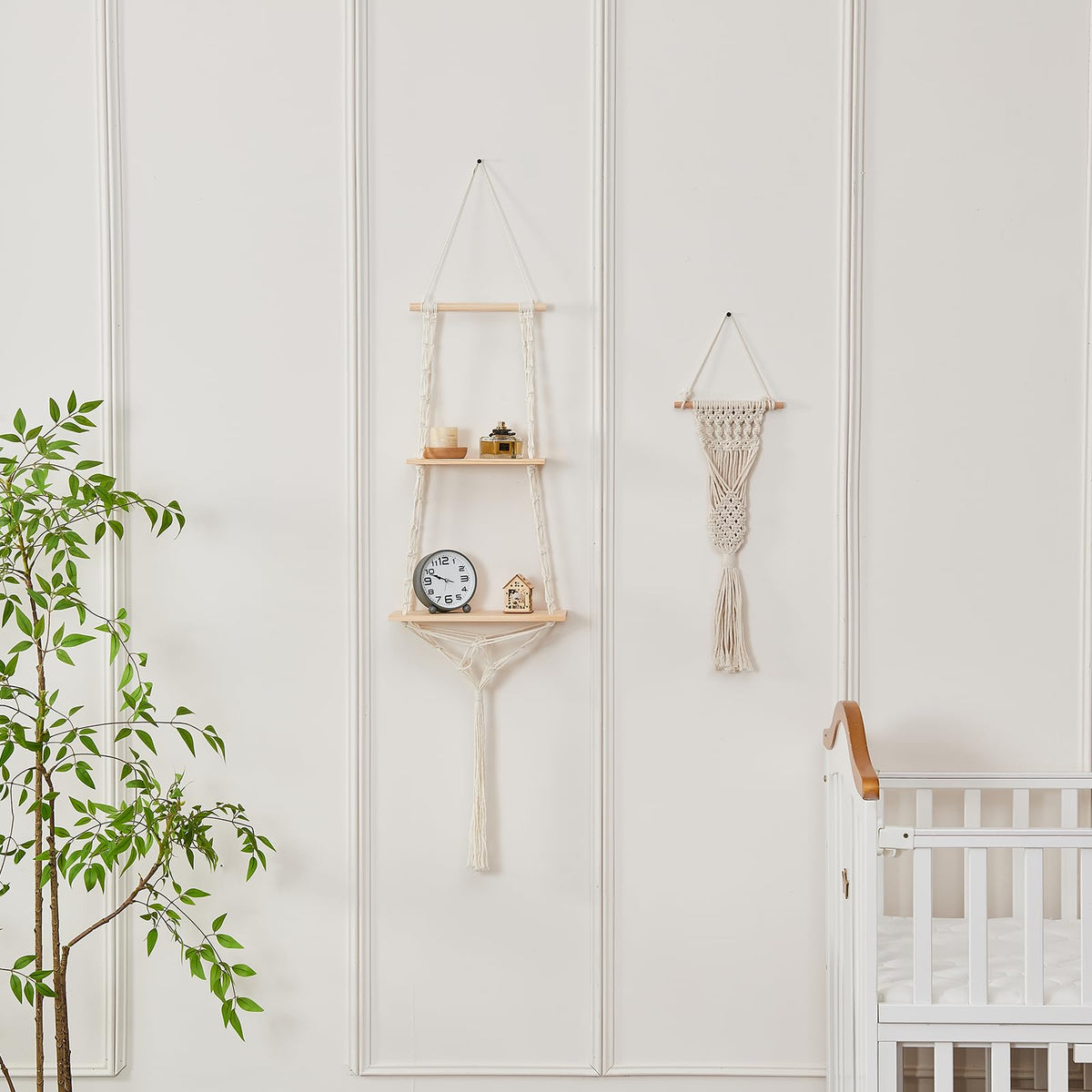 YYHTYZ 2 Tier Wooden Hanging Shelf, Boho Hand-Woven Cotton Wall Hanging Rack, Solid Wood Board, Featuring a Storage Net at the Bottom, Designed for Wall Mounting, Hanging Storage Shelves