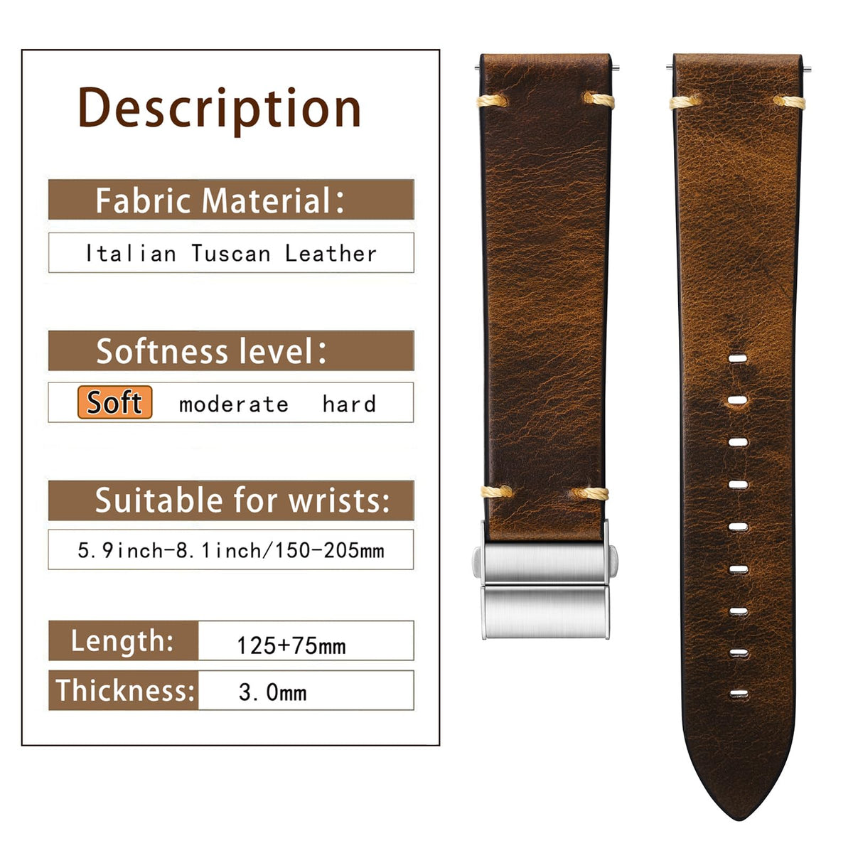 Getalia leather Watch Band Foldover Clasp Retro Oil wax Genuine Leather,18mm 19mm 20mm 21mm 22mm Quick Release Replacement Watch Straps for Men and Women (Brown Band Width-20mm)