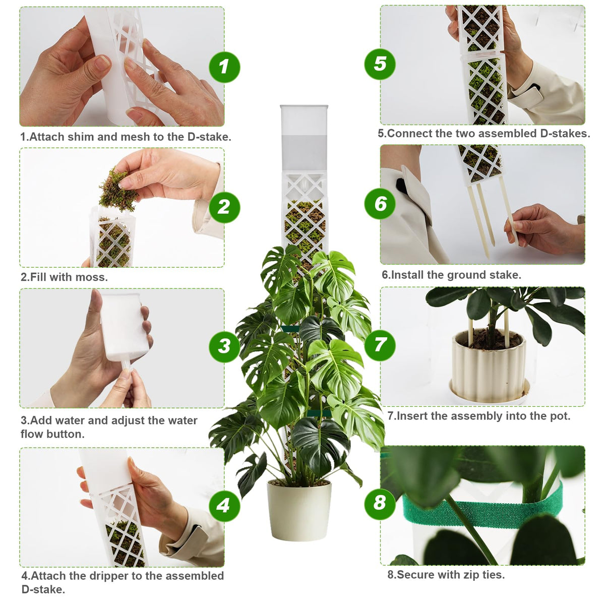GJL Stackable D Shape Self Watering Moss Pole for Monstera,Plastic Sphagnum Moss Pole with Watering Dripper, Indoor Climbing Plant Support for Pothos & Philodendron
