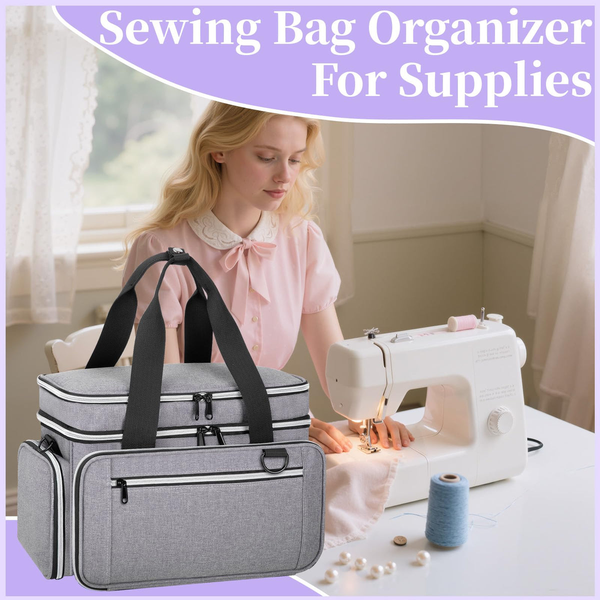 Anitor Large Sewing Supplies Organizer, Double Layer Sewing Storage Organizer with Two Detachable Dividers, Travel Sewing Bag Organizer with Shoulder Strap for Accessories, Gray, (Bag Only)