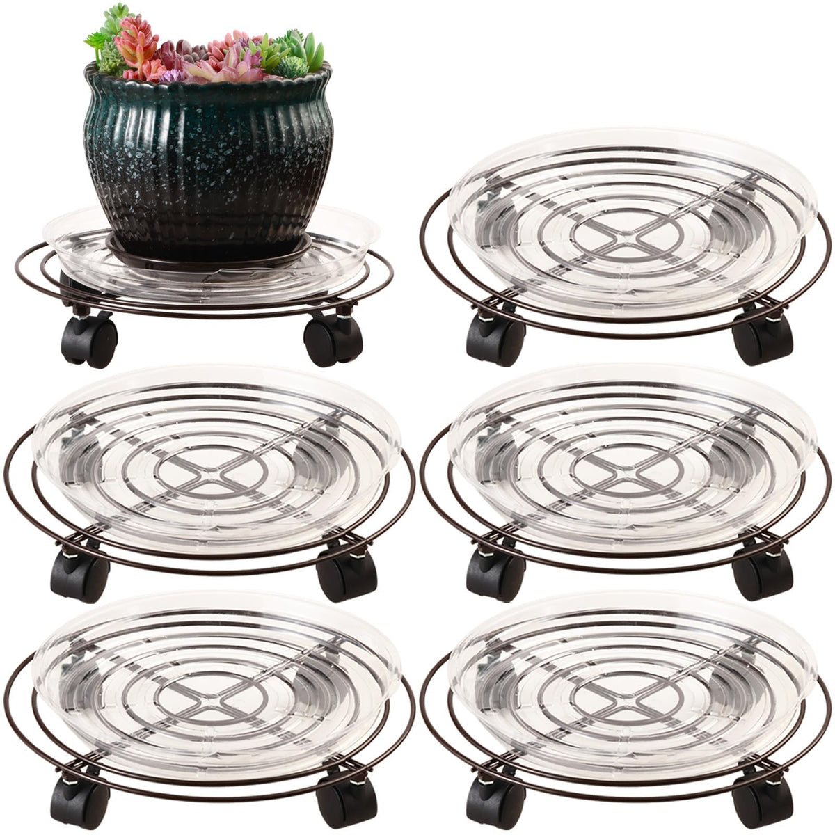 5 Packs Metal Plant Caddy 11.8" Plant Dolly with Wheels Heavy-duty Wrought Iron Rolling Plant Stand with Casters Indoor and Outdoor Plant Pot Movers Planter Rollers Coaster, Brown