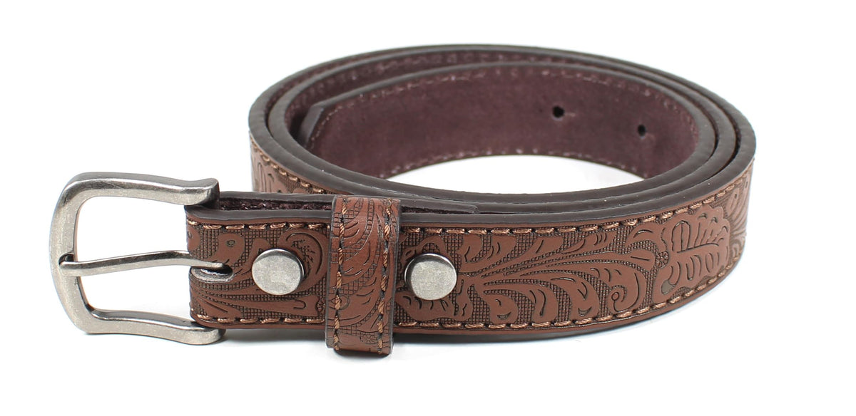 BC Belts Western Kids Leather Belt Strap and Metal Buckle 1" Wide with Snaps - Embossed Western Scrollwork Cowboy Country (Brown-S)