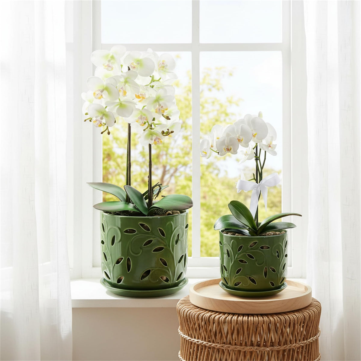 EFISPSS Orchid Pot with Holes, 5+6Inch Ceramic Plant Pots with Drainage Holes and Tray, Promoting Air Circulation and Drainage, Indoor/Outdoor Flower Pots-Green