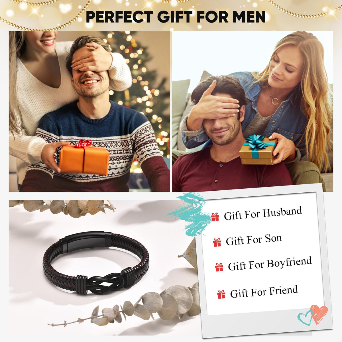 VNOX Love Knot Bracelet for Men - Cutsom Name Handmade Braided Leather Bracelets Brown Leather Cuff with Infinity Knot Gift for Men Husband Boyfriend