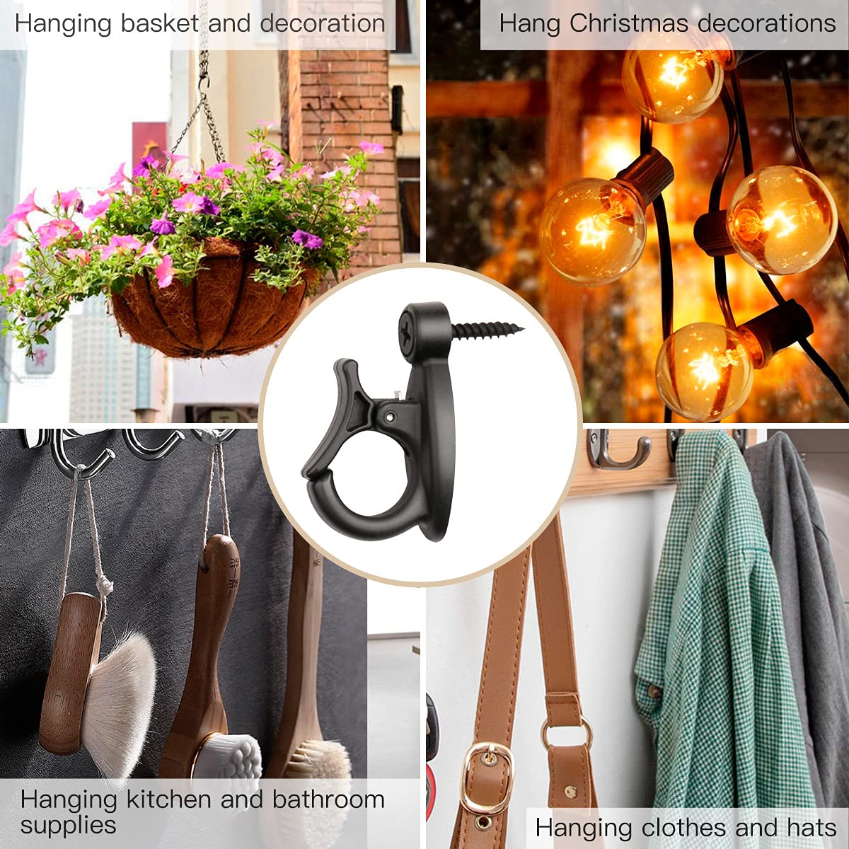 Elrswy 40Pack,Light Hanger Hooks,String Light Hooks,Screw-in Hooks for Hanging String Lights and Wire,Plants,Wind Chimes,Plastic,Black, Wall, Hooks-SQ-01