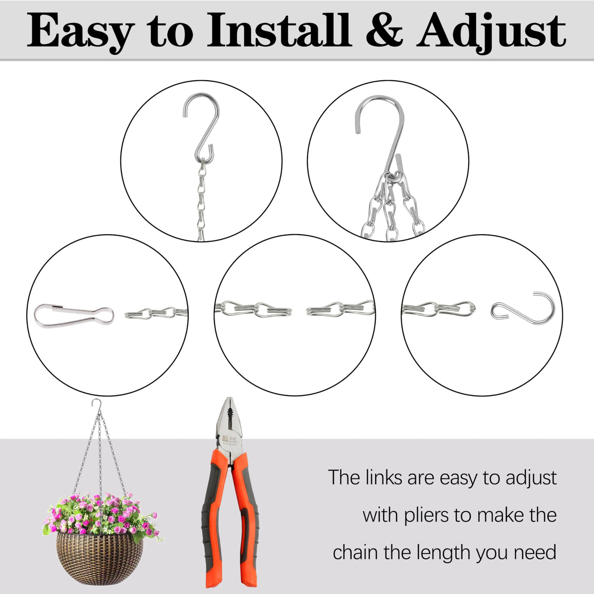 Hanging Basket Chain, 3 Pack 16 Inch Chain for Hanging Plants, Silver Plant Chains for Hanging Baskets, 3 Leads Hanging Chain with Hooks for Flower Pots Basket Bird Feeders Sign Wind Chime Billboards