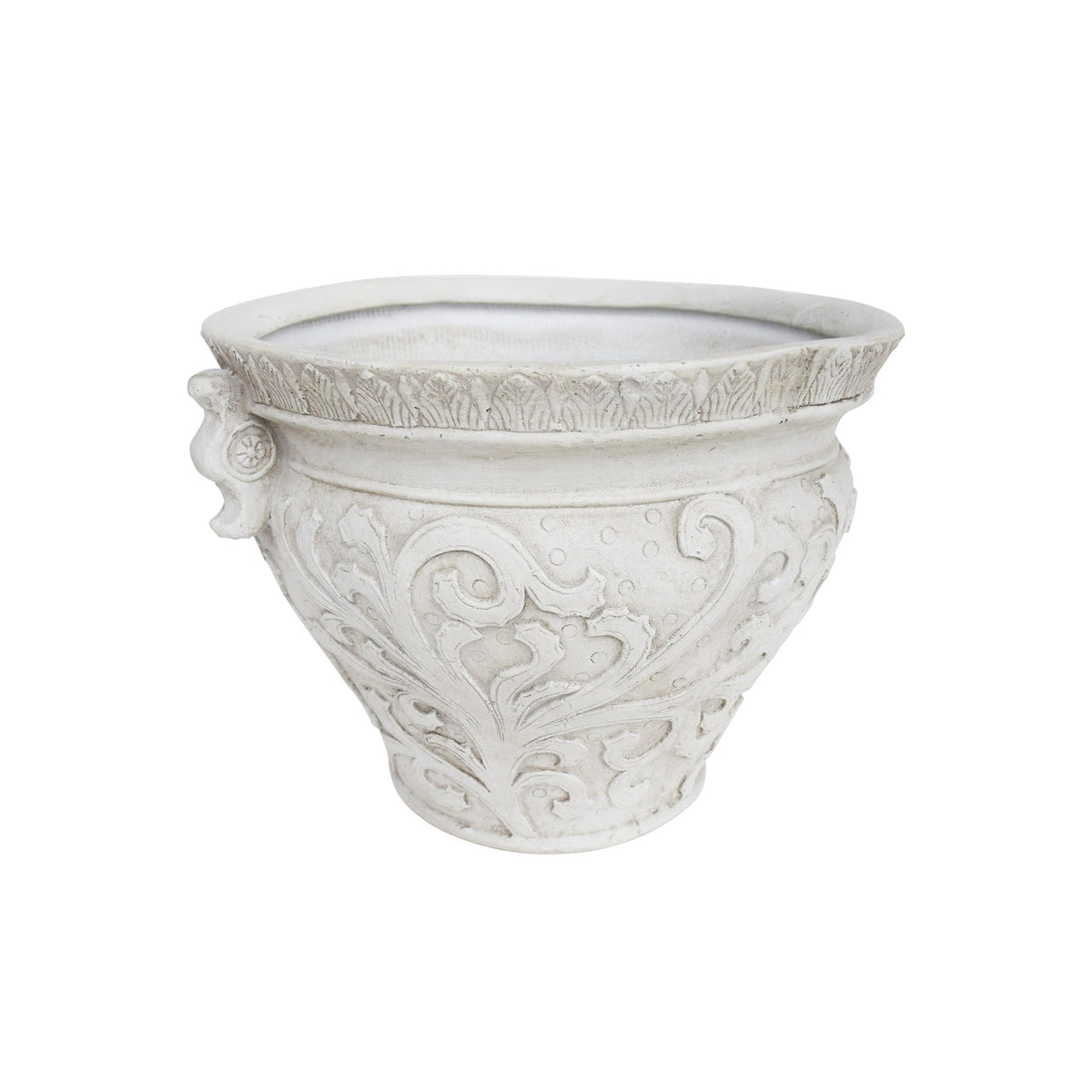 Christopher Knight Home Armis Round Concrete Planter, Indoor Outdoor Garden Plant Pot with Drainage Hole, Floral Relif Patio Urn Planter for Front Porch/Backyard, Outdoor Planter Box, Antique White