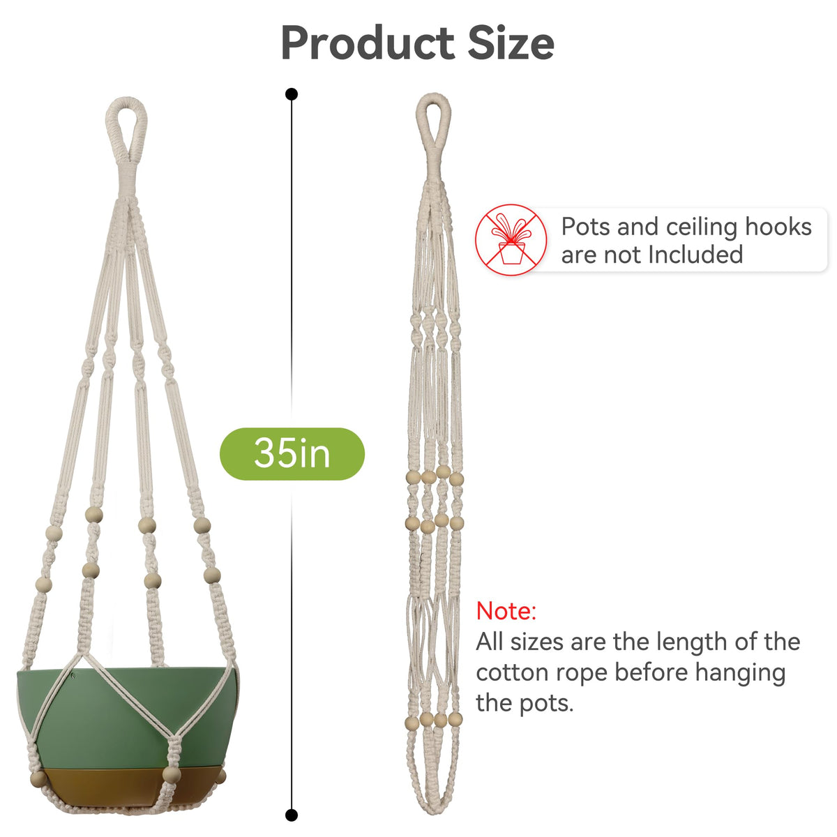 USLAI Macrame Plant Hanger Indoor Outdoor, Fits 4 to 15 Inch Pots, Strong Hanging Planter Holder, Boho Home Decor, 35 Inch, Ivory, Set of 2 (POTS NOT Included)