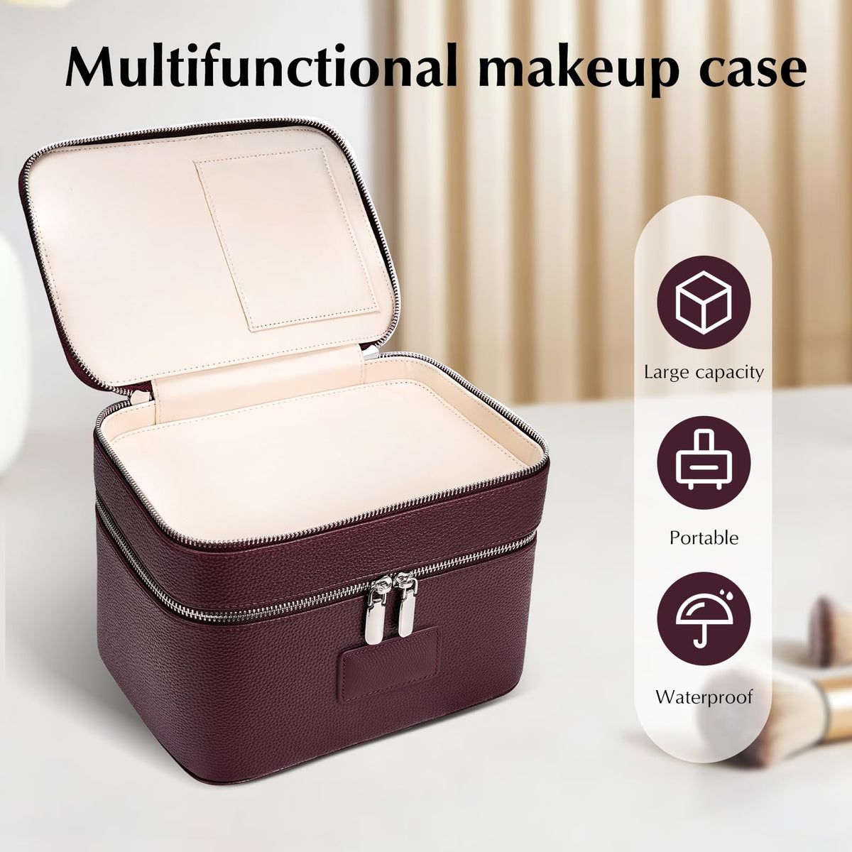 idoltimes Makeup Case, Large Capacity Leather Makeup Bag for Women,Large Capacity Waterproof Double Leather Cosmetic Case,Removable Compartment Travel Organizer