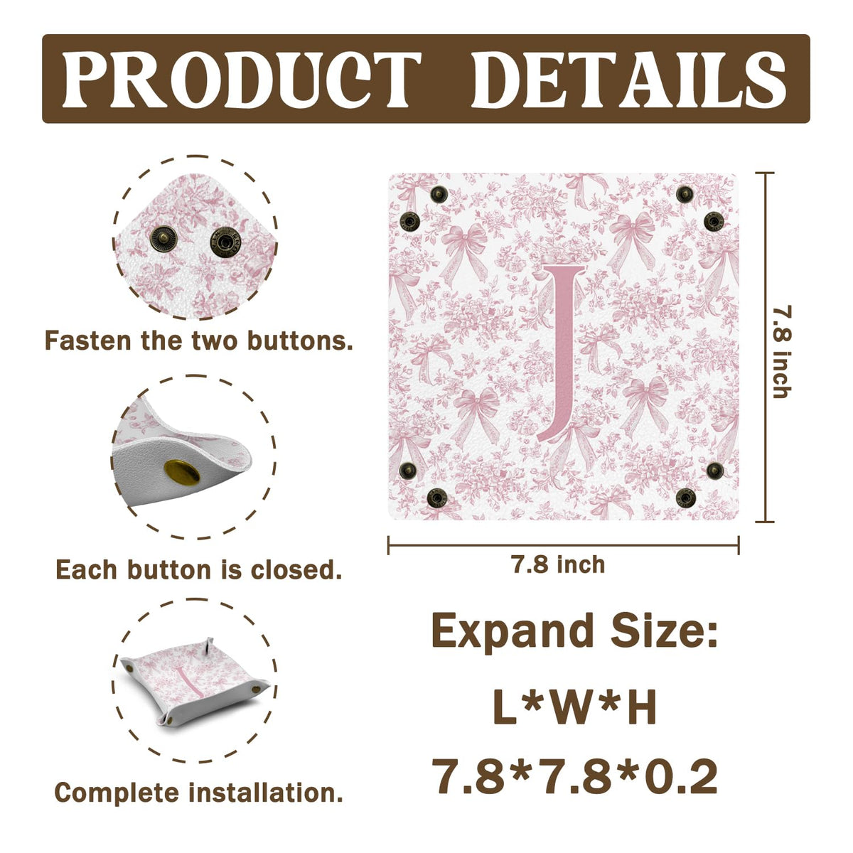 Dilemat Gifts for Women Initial Valet Tray,Pink Bow Personalized Gifts for Women Mom Grandma Girlfriend,Nightstand Desk Accessories PU Leather Tray Organizer for Birthday Christmas Gift Ideas (J)
