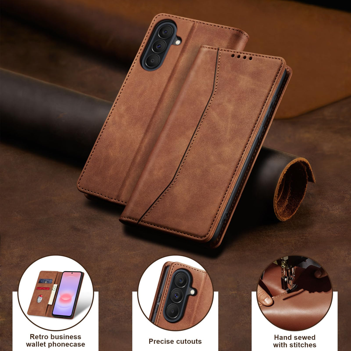 Jasonyu Flip Wallet Case for Samsung Galaxy A37 5G,Leather Magnetic Folio Cover with Card Holder,Kickstand - TPU Shockproof Durable Protective Phone Case,Brown