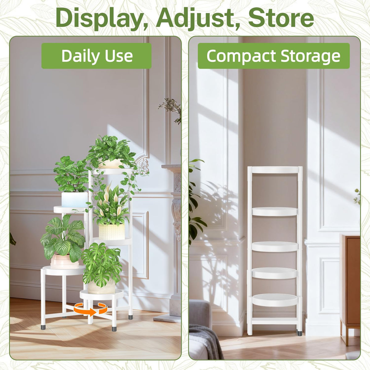 iDavosic.ly Plant Stand Indoor Outdoor, 5 Tier Corner Metal Flower Display Holder Shelf, Folding Tall Orchid Rack for Patio Balcony Porch Garden Living Room House, White