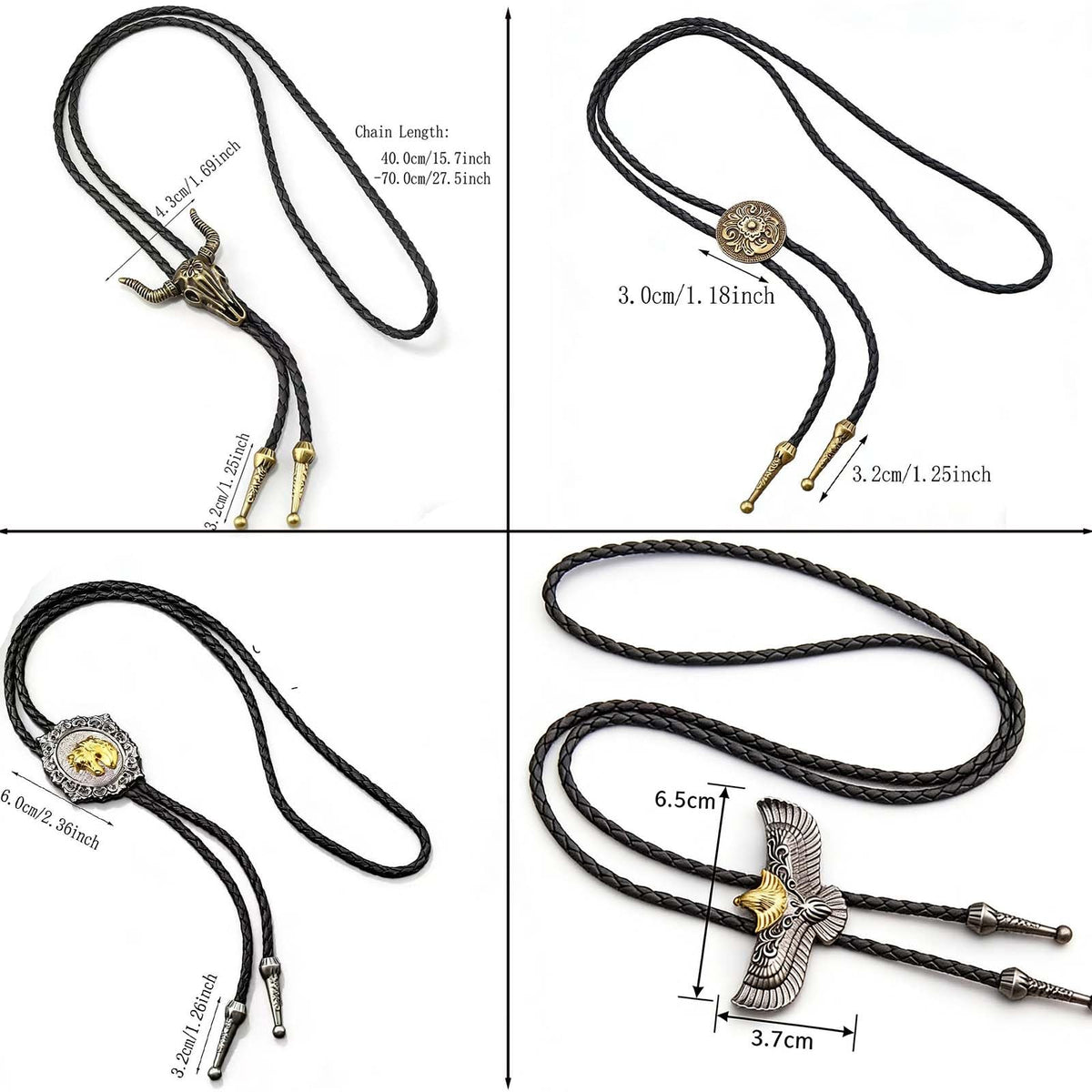 Daoofukeji 4Pcs Western Cowboy Bolo Tie for Men - Retro Engraved Alloy Pendant & Braided Leather Rope Necktie,Cowboy Ties Necklace Perfect for Daily Wear, Cosplay, Party, and Holiday Gifts