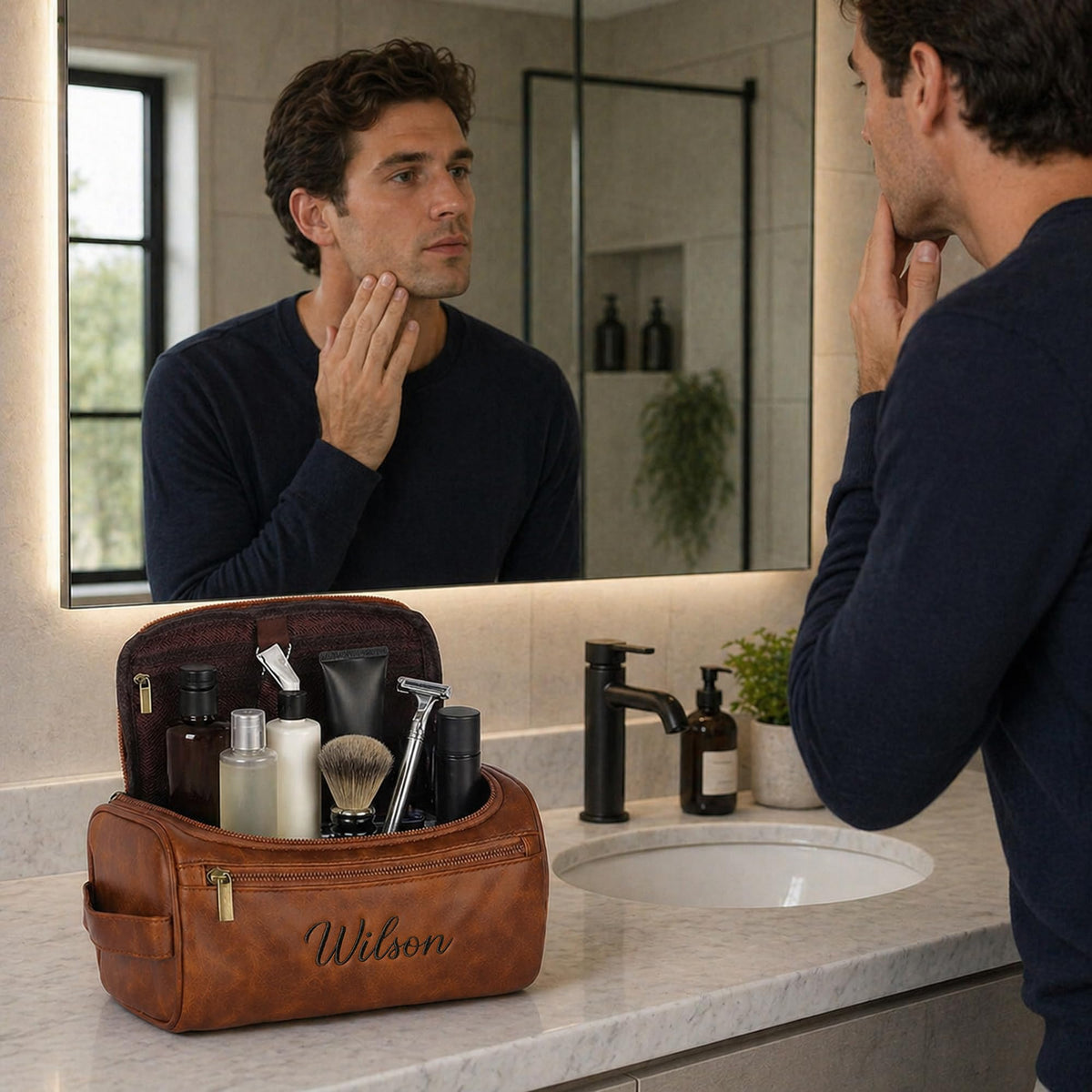 JAXVVIQEN Personalized Toiletry Bag for Papa, Custom Embroidery with Name Letter PU Leather Waterproof Toiletry Organizer Dopp Kit Travel Essential for Dad Grandpa Birthday Father's Day (Light Brown)