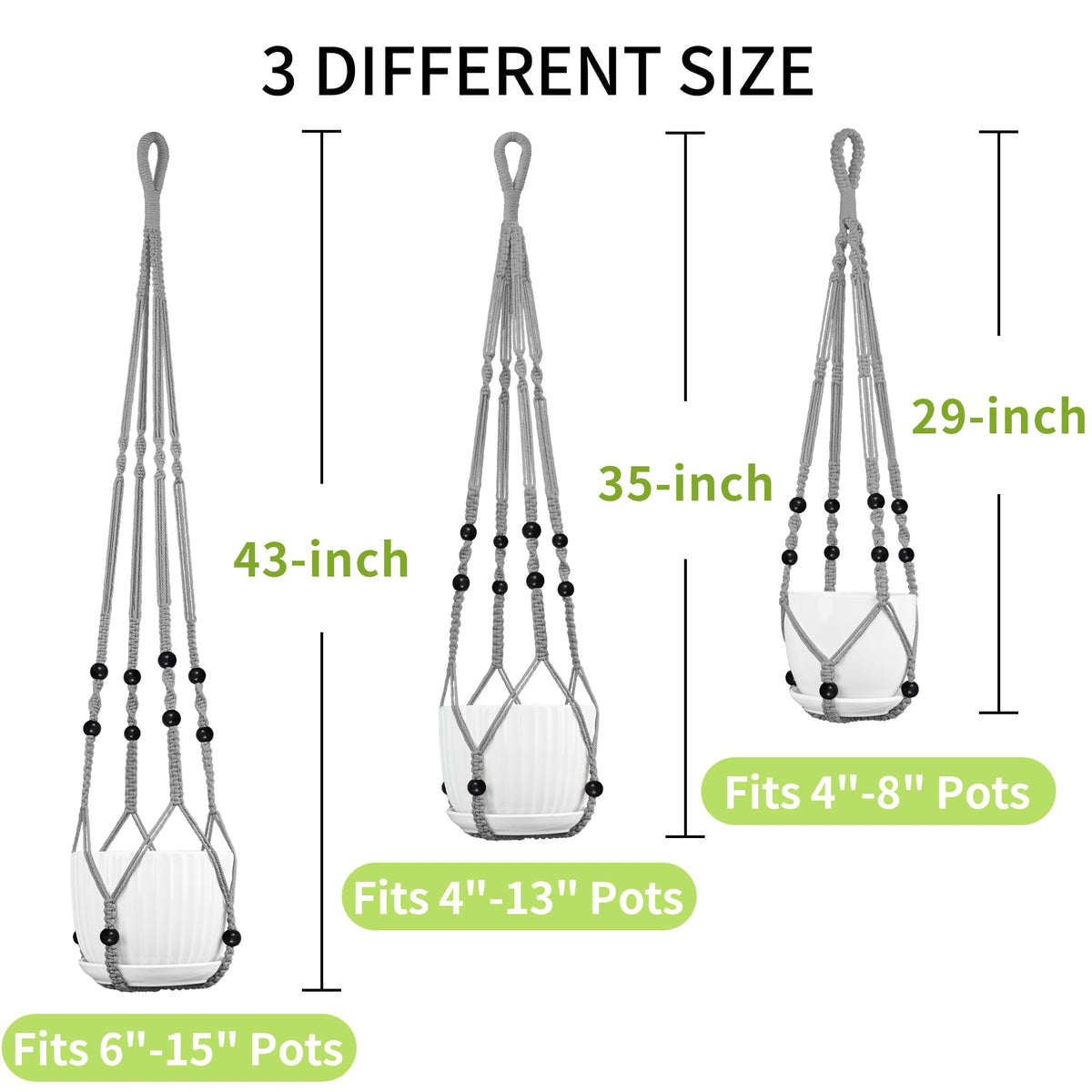 IDEEEPAN Macrame Plant Hanger - Fits 4 to 15 inches Pots for Indoor Outdoor, 43"/35"/29" Different Sizes Set, Gray (POTS NOT Included)