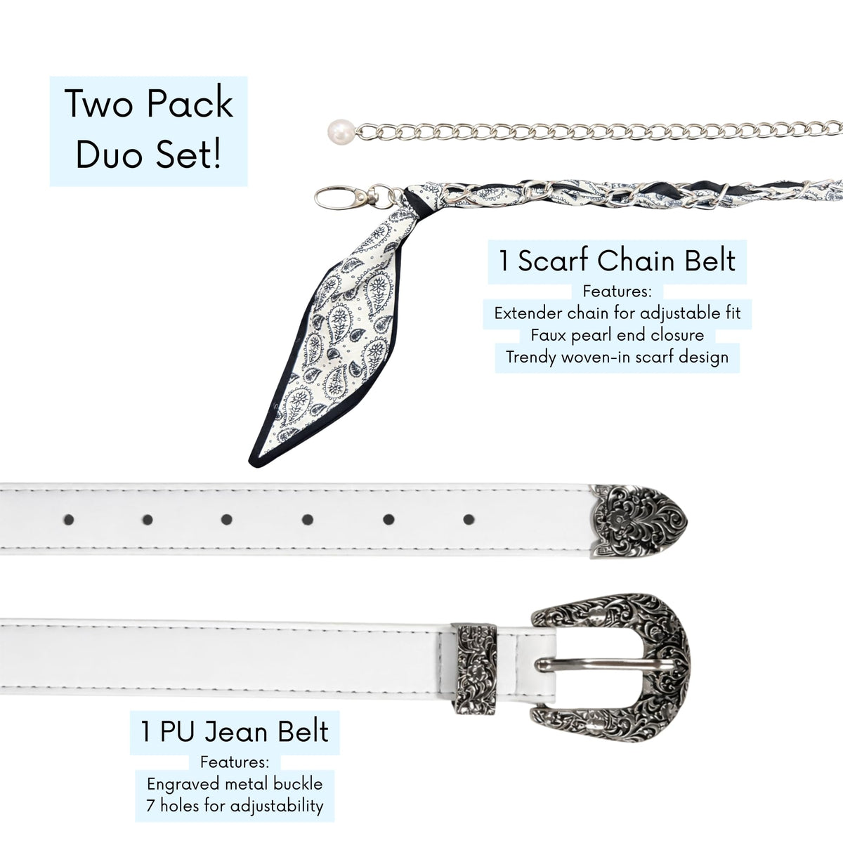 Women’s 2-Pack Belts – Faux Leather Skinny Jean Belt and Scarf Chain Belt – Stylish Waist Accessories for Everyday Wear (White with White Scarf Belt, S/M)