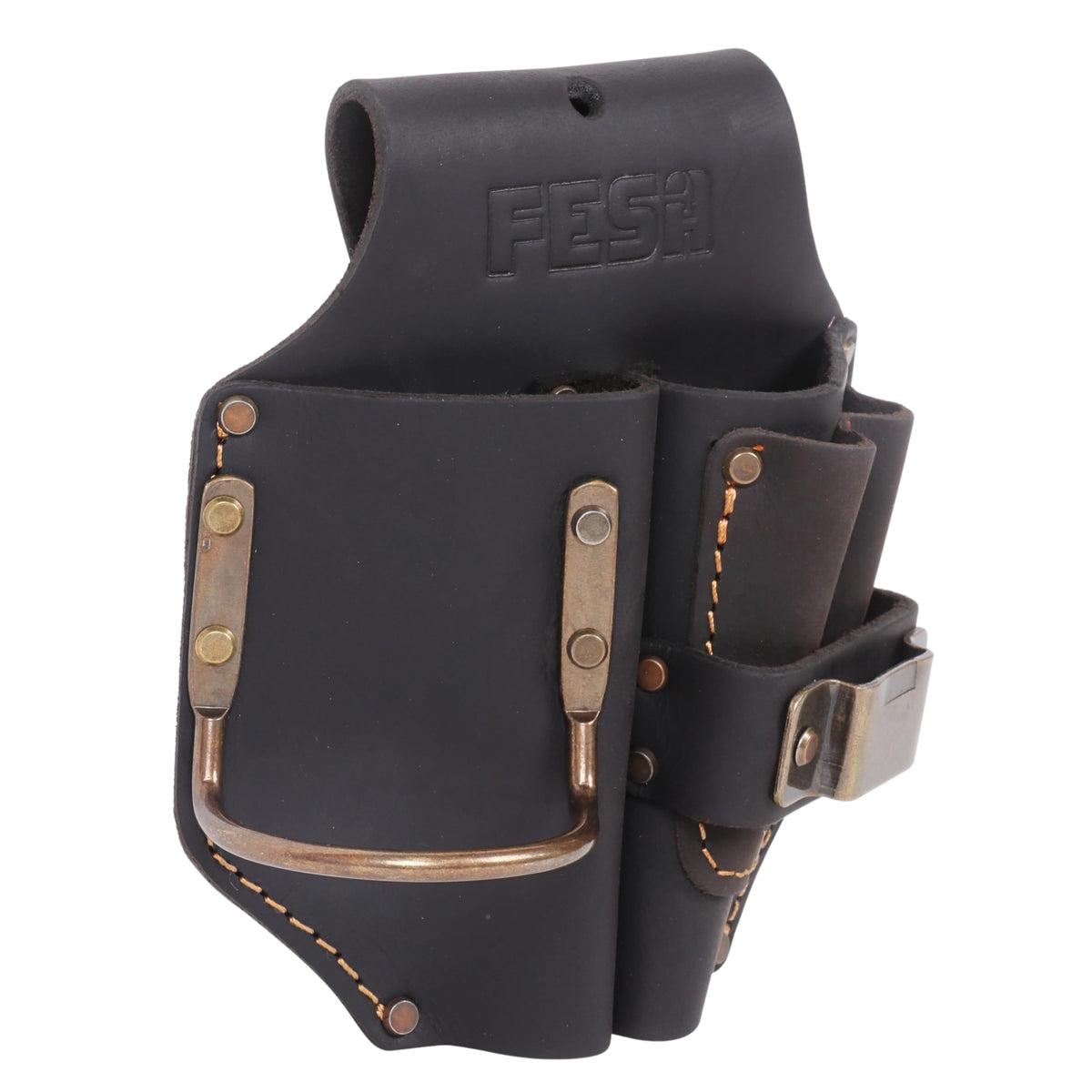 FESA Durable Leather Pliers Holster - Heavy Top Grain Leather Double Plier Holder for Belt with Steel Hammer Holder, Tape Clip & 2 Carpenter's Pencil Pockets - Clip On Any Belt - Handcrafted (Brown)