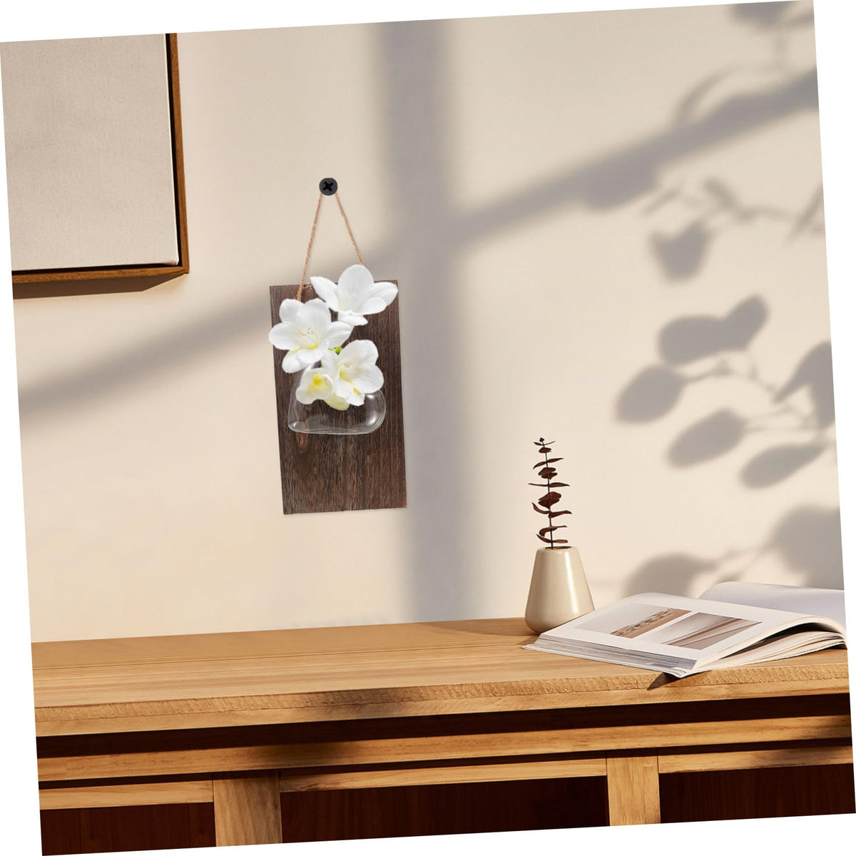 Anneome 1set Hydroponic Flower Vase Wooden Stand for Desktop Decor Wall Hanging Glass Planter for Indoor Plants for Home Office and Terrarium Arrangement