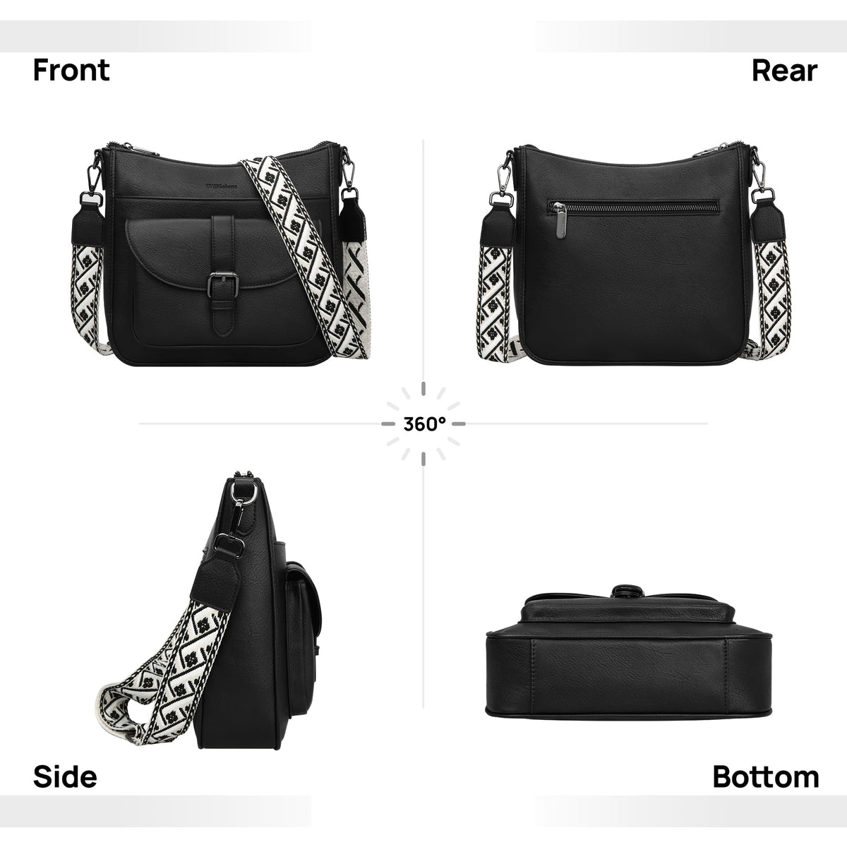 WILLSOLUNA Crossbody Bags for Women Leather Purses Medium Hobo Shoulder Handbags Anti Theft Travel Purse with Wide Strap(Black)