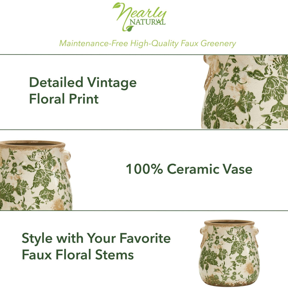 Nearly Natural 6.5in Ceramic Decorative Vase Tuscan Style Green Floral Scroll Design for Indoor Home Decor Centerpieces Tables Small Flower Vases