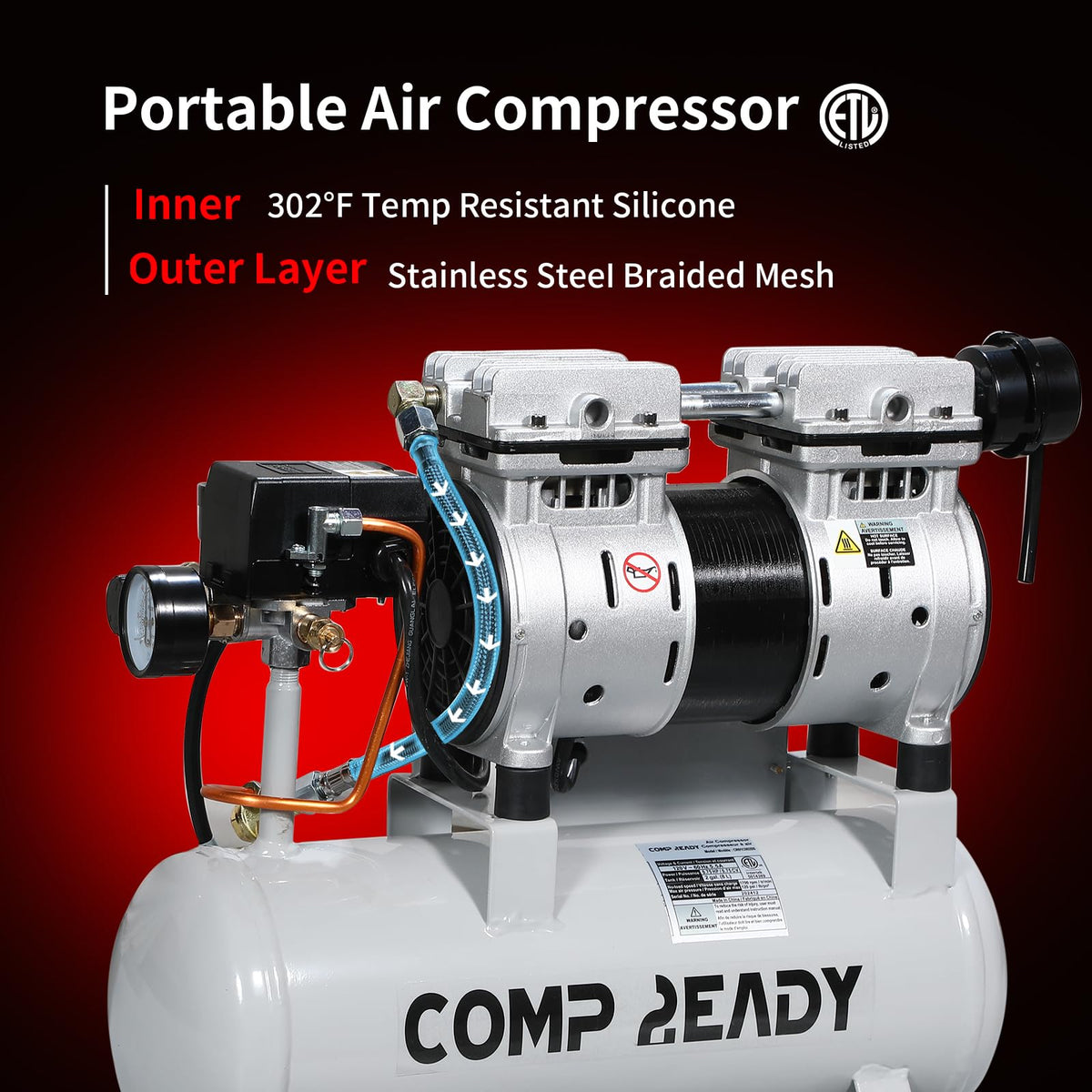 2 Gallon Portable Air Compressor 0.75HP 1.7 CFM@90PSI 60dB Ultra Quiet Oil Free Air Compressor Ideal for Tire Inflation Pneumatic Tool Spray Painting