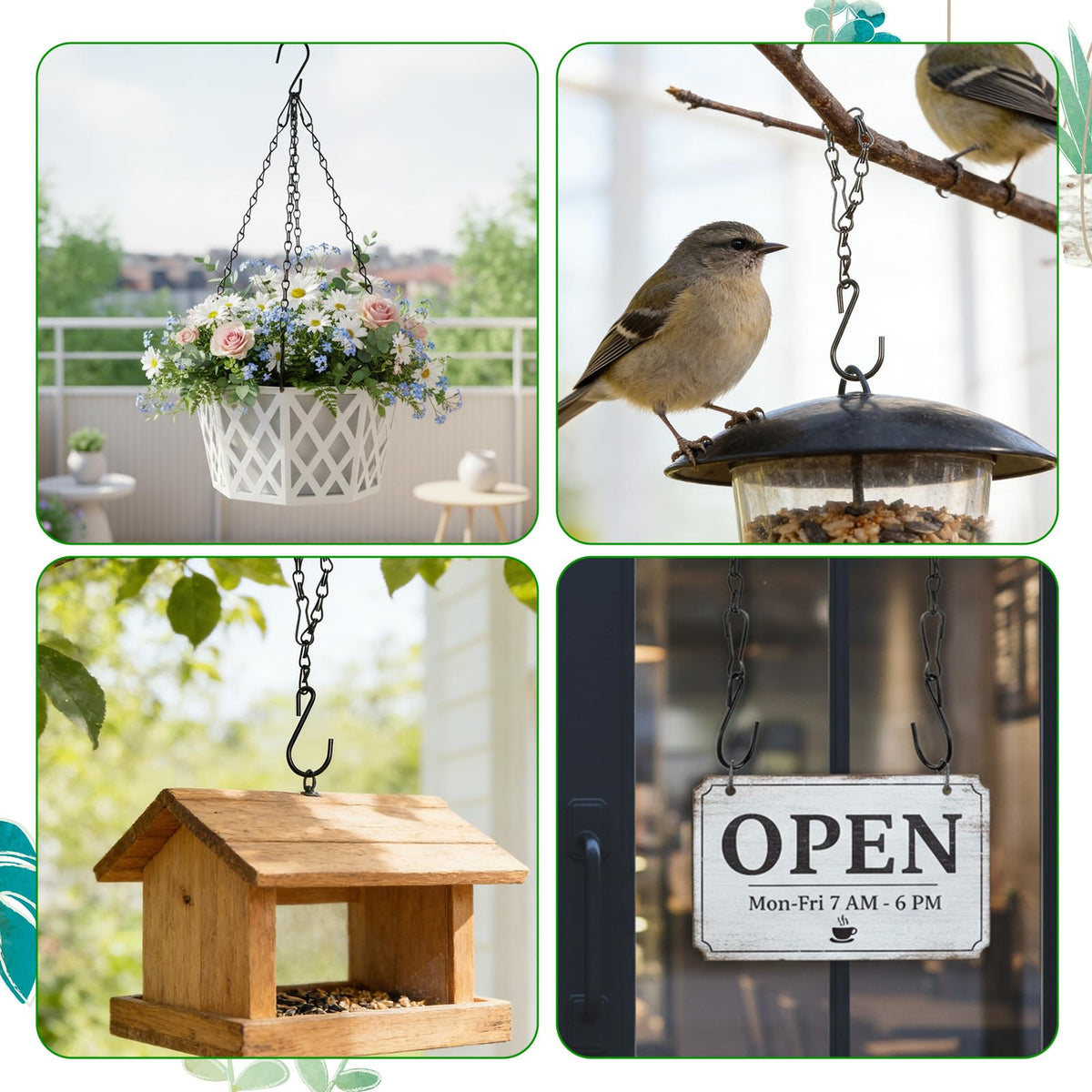 4 Pcs Chain for Hanging Plants, 10 Inch Plant Chains with Hooks, Black Adjustable Hanging Chain for Planters, Baskets, Bird Feeder, Birdbaths