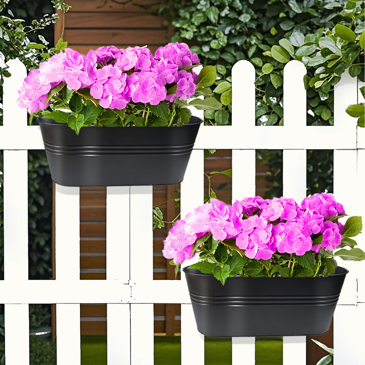 Venyat 16 Inch 4 PCS Metal Hanging Flower Pots for Railing Fence, Large Railing Planters for Outdoor Plants, Fence Hanging Planters with Detachable Hooks for Garden Balcony
