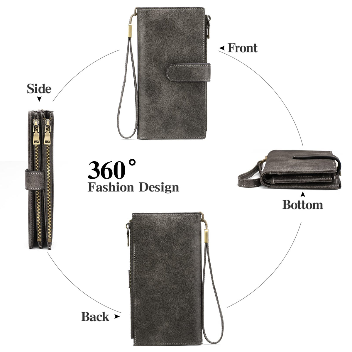GOIACII Wallet for Women Large Wristlet Purse Trifold Clutch Grey