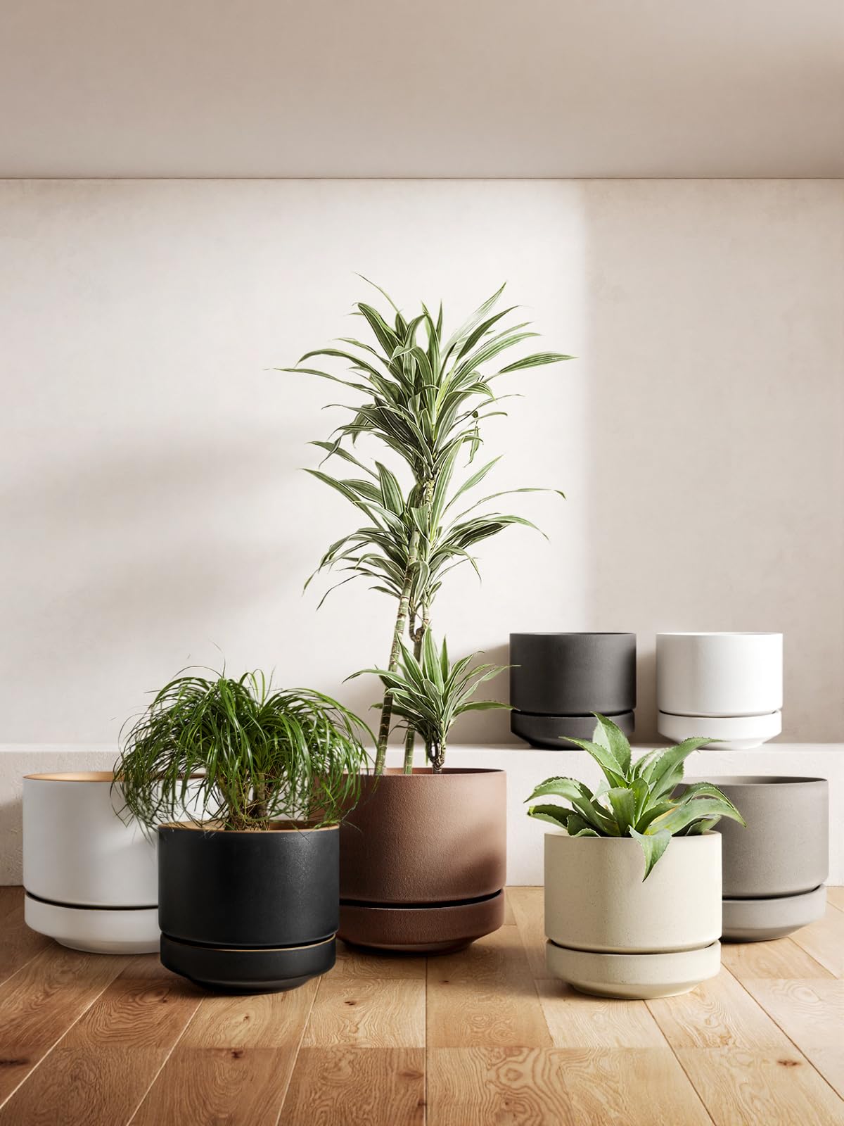 LE TAUCI 12 Inch Pot for Plants with Saucer, Ceramic Indoor Planter Pot with Drainage Hole, Mesh Pad Included, Matte Glazed Outside, Modern for Home and Office, Alpine White & Ochre
