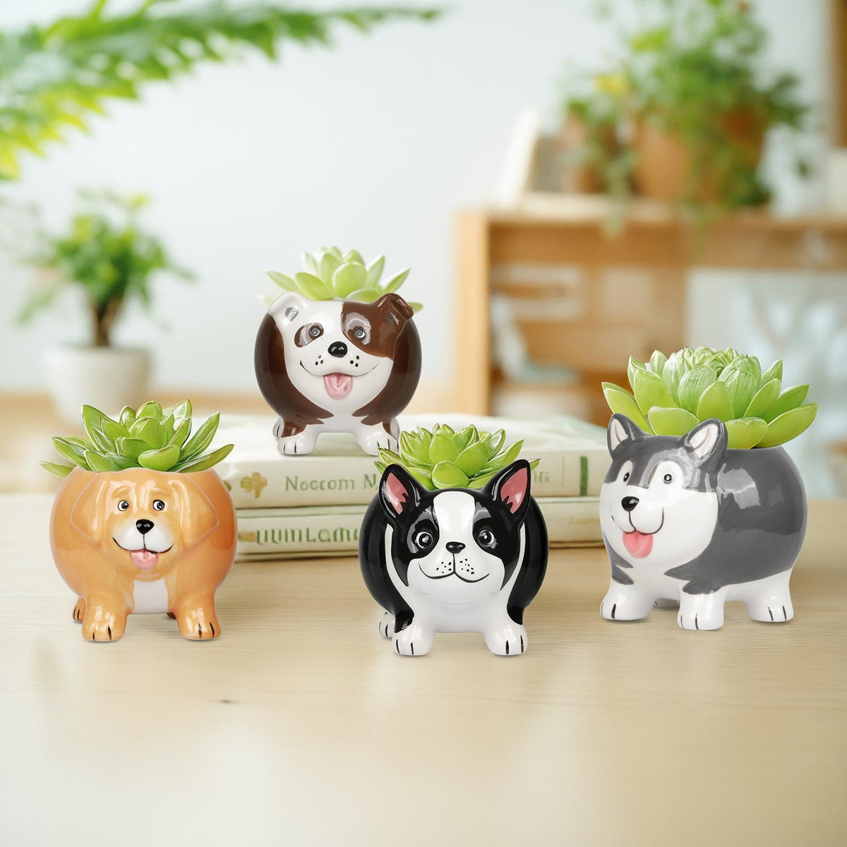 EFISPSS 4PCS Animal Succulent Plant Pots, Mini Doggy Shape Succulent Planter Pots with Drainage Hole, Ceramic Flower Pots for Home Decor and Office Desk Decoration